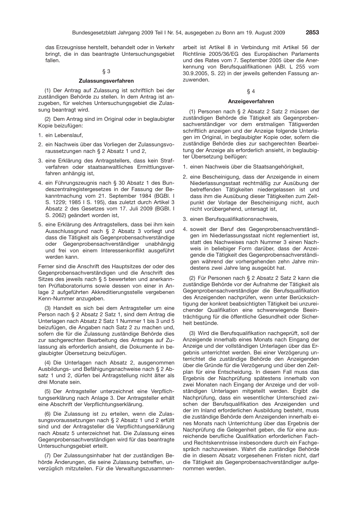 BGBl. 2009, Seite 2853 — Originalseite als Abbildung