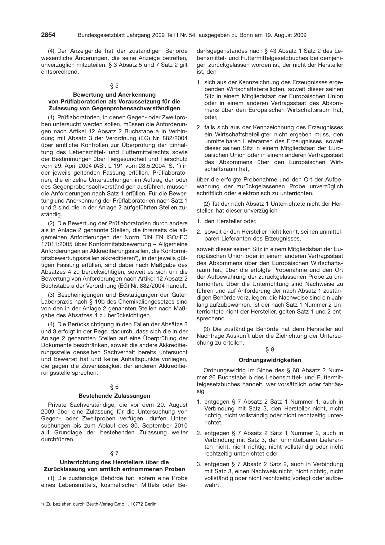 BGBl. 2009, Seite 2854 — Originalseite als Abbildung