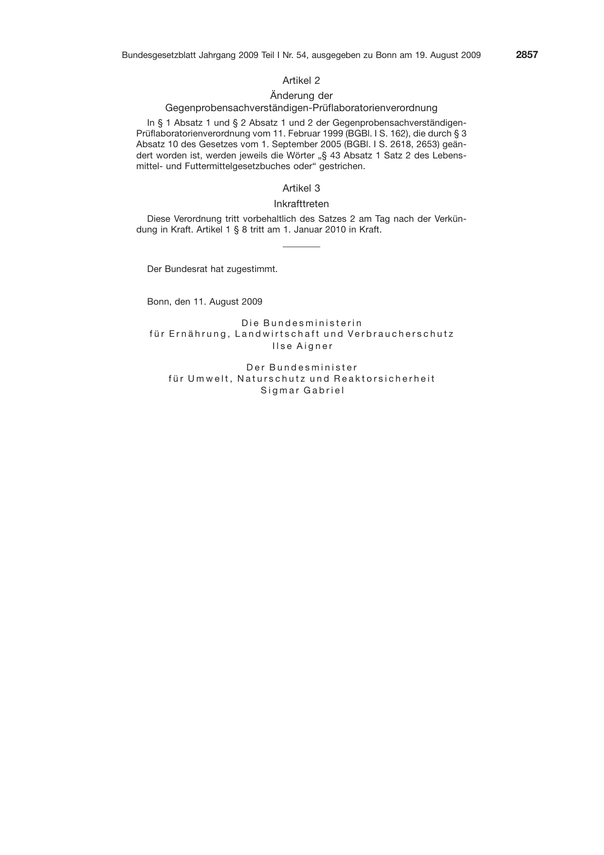 BGBl. 2009, Seite 2857 — Originalseite als Abbildung