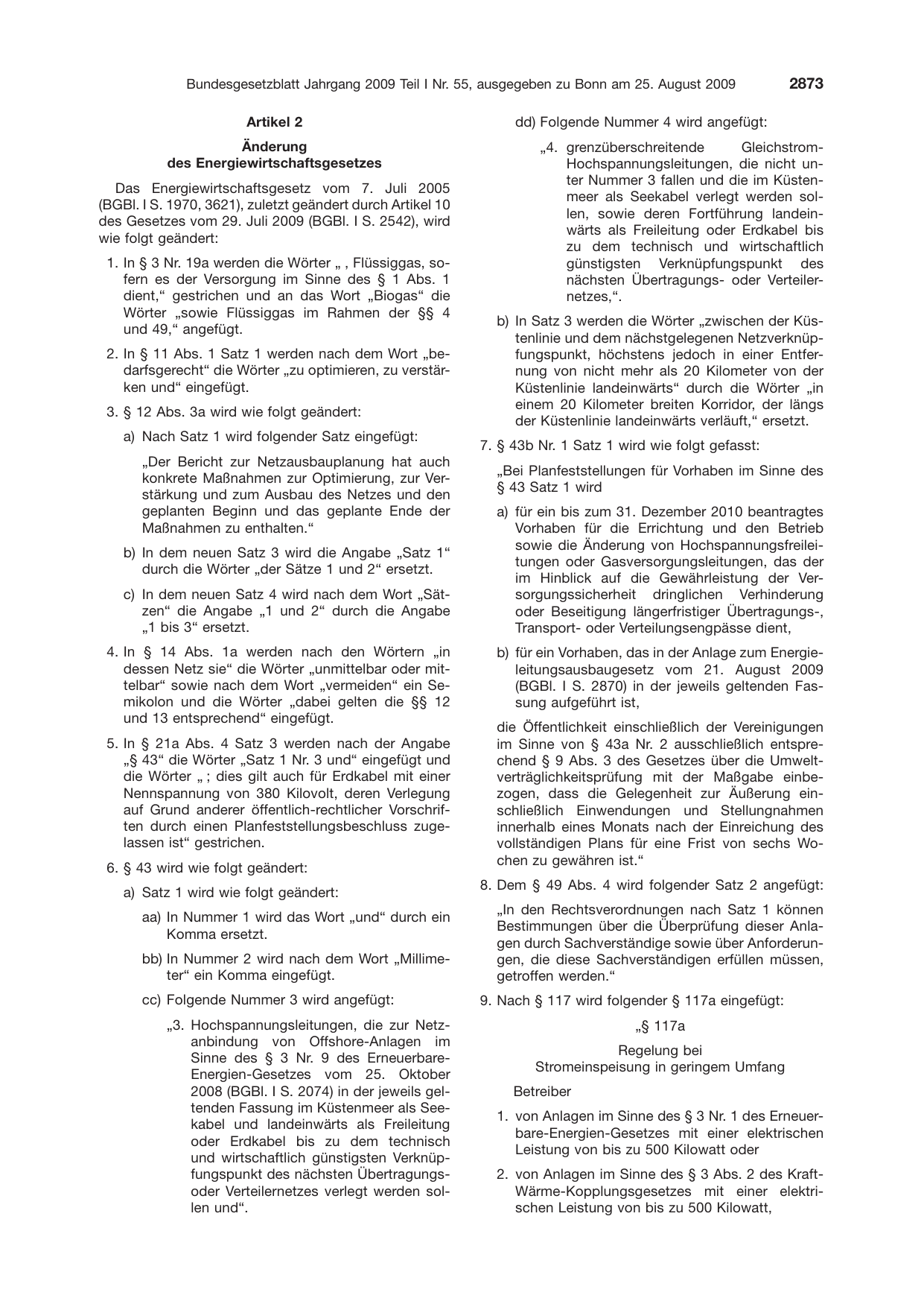 BGBl. 2009, Seite 2873 — Originalseite als Abbildung
