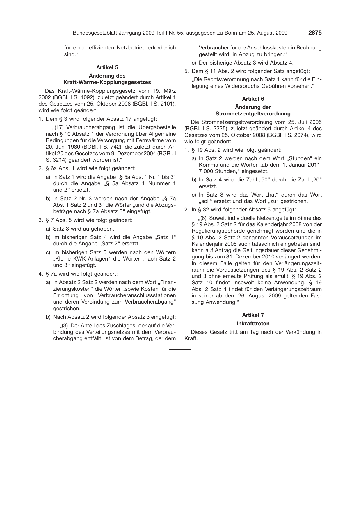 BGBl. 2009, Seite 2875 — Originalseite als Abbildung