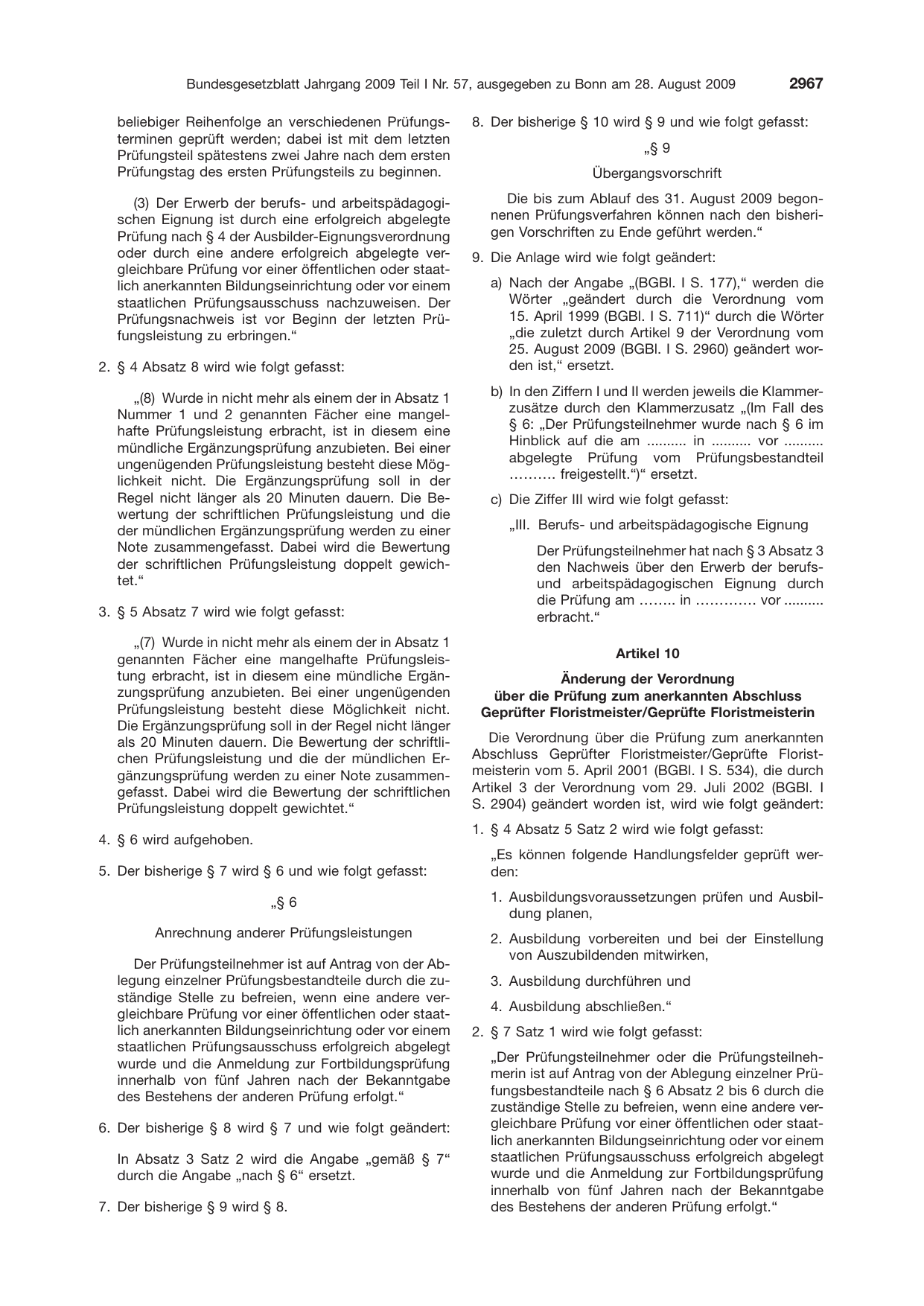 BGBl. 2009, Seite 2967 — Originalseite als Abbildung