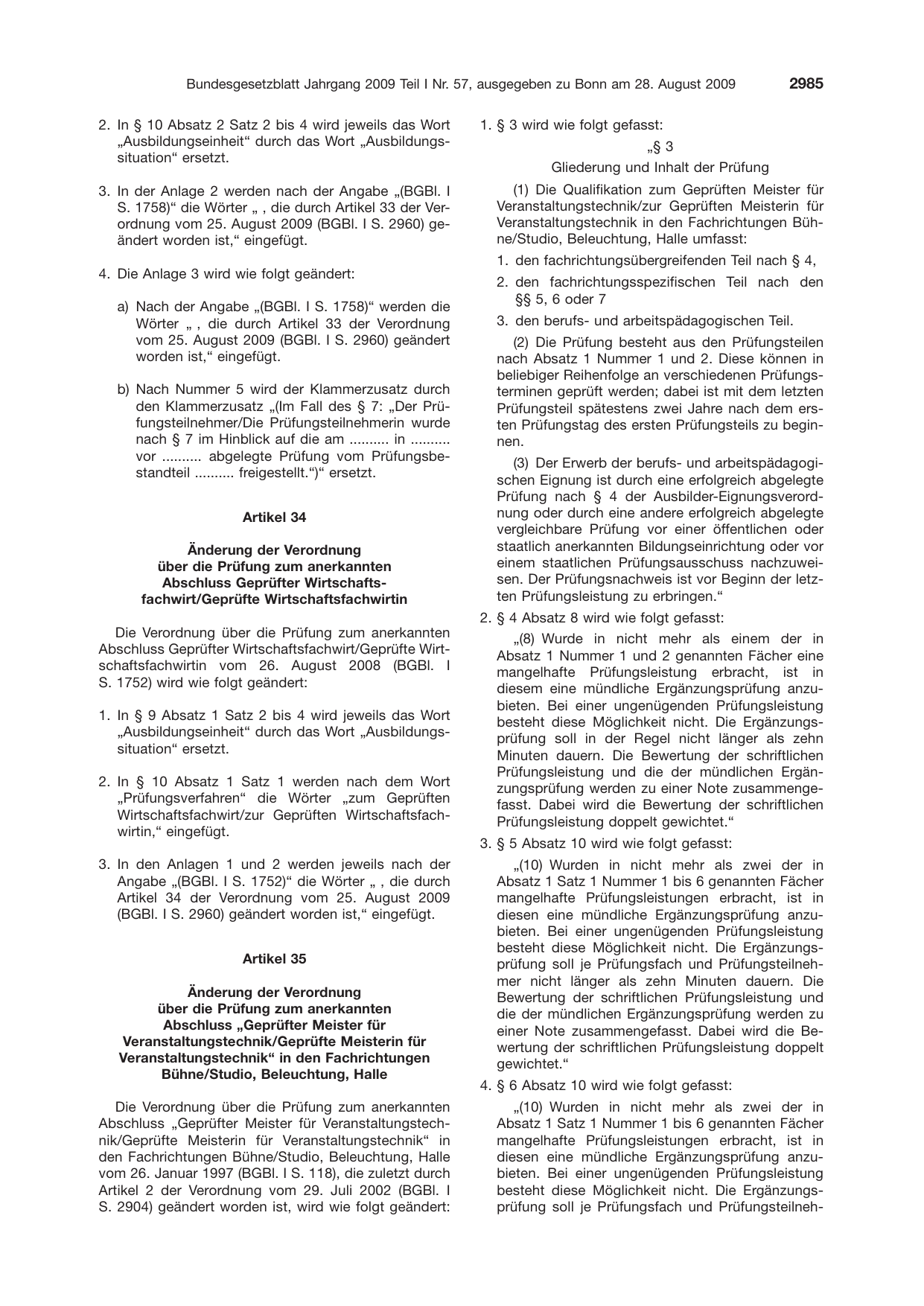 BGBl. 2009, Seite 2985 — Originalseite als Abbildung