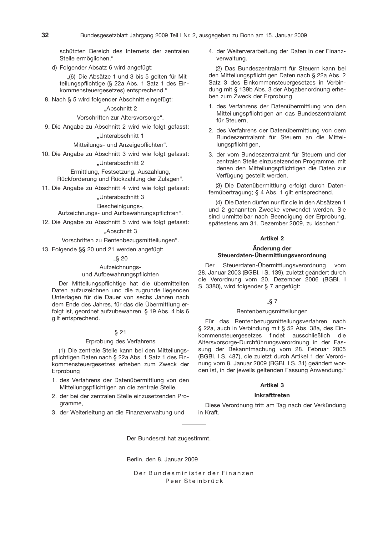 BGBl. 2009, Seite 32 — Originalseite als Abbildung