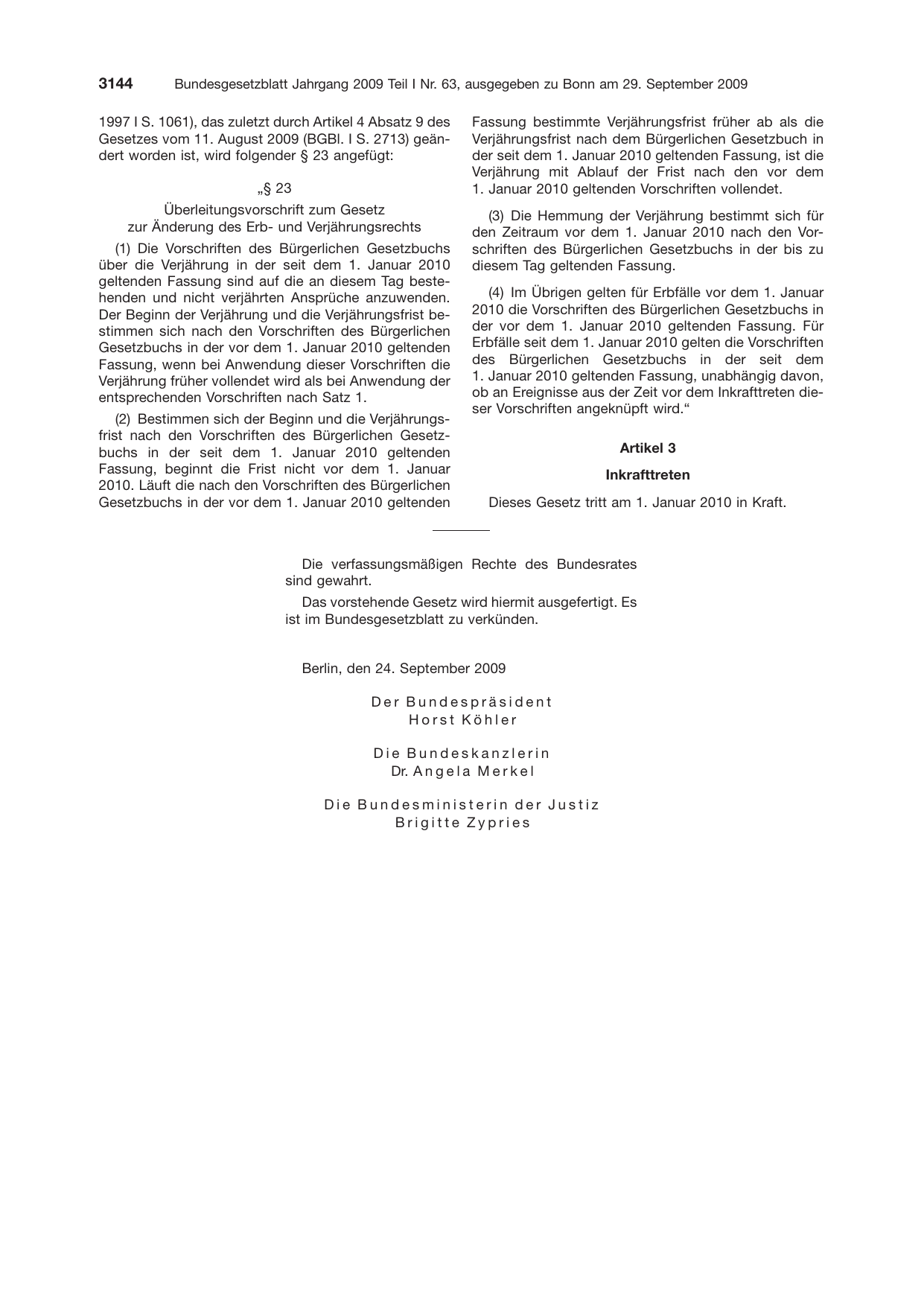BGBl. 2009, Seite 3144 — Originalseite als Abbildung