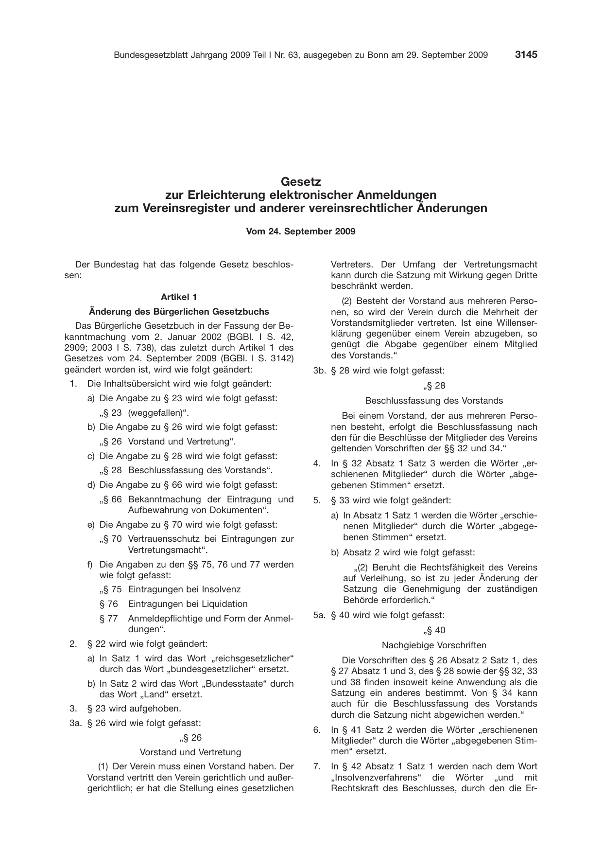 BGBl. 2009, Seite 3145 — Originalseite als Abbildung