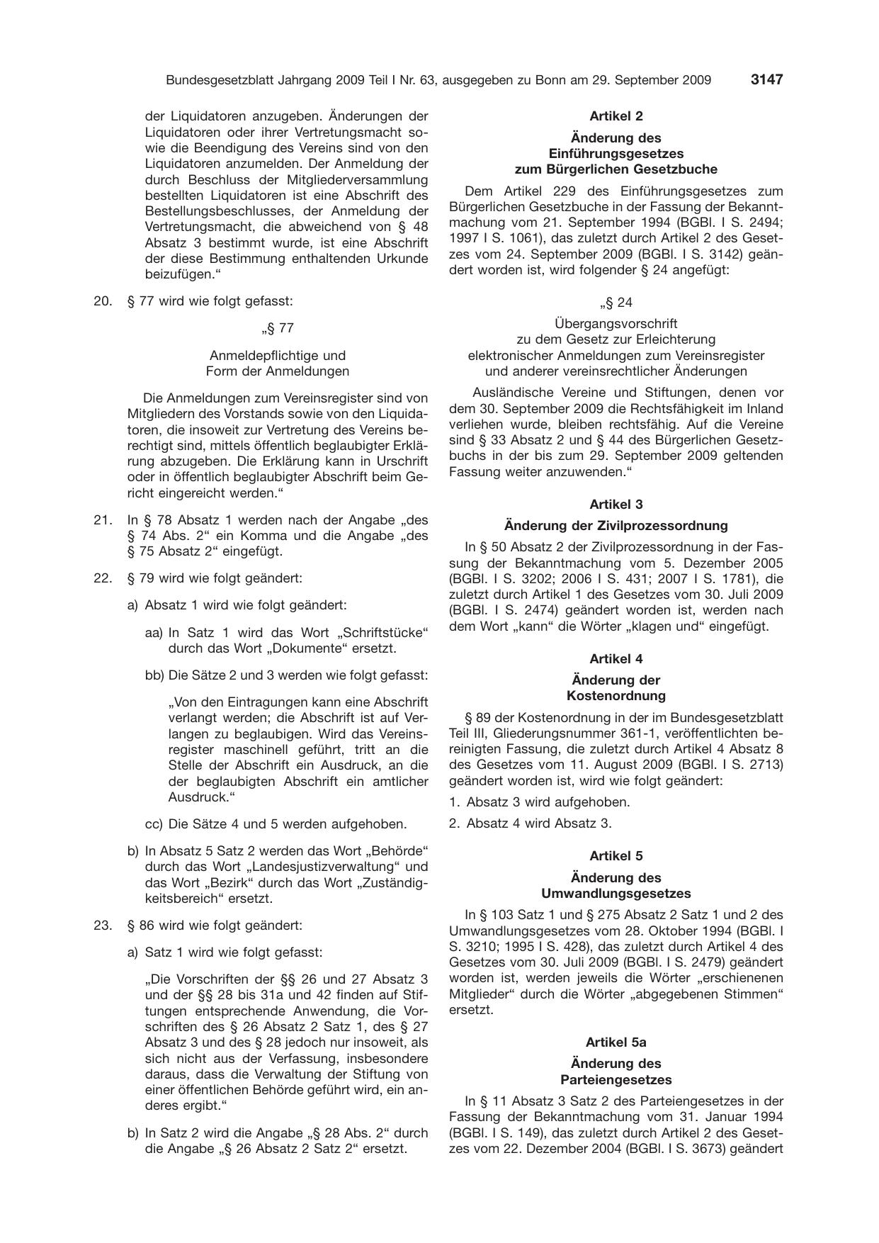 BGBl. 2009, Seite 3147 — Originalseite als Abbildung