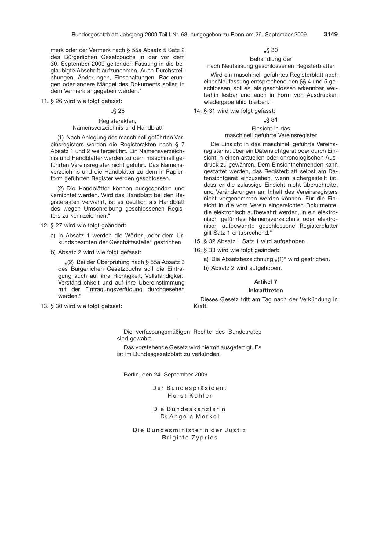 BGBl. 2009, Seite 3149 — Originalseite als Abbildung