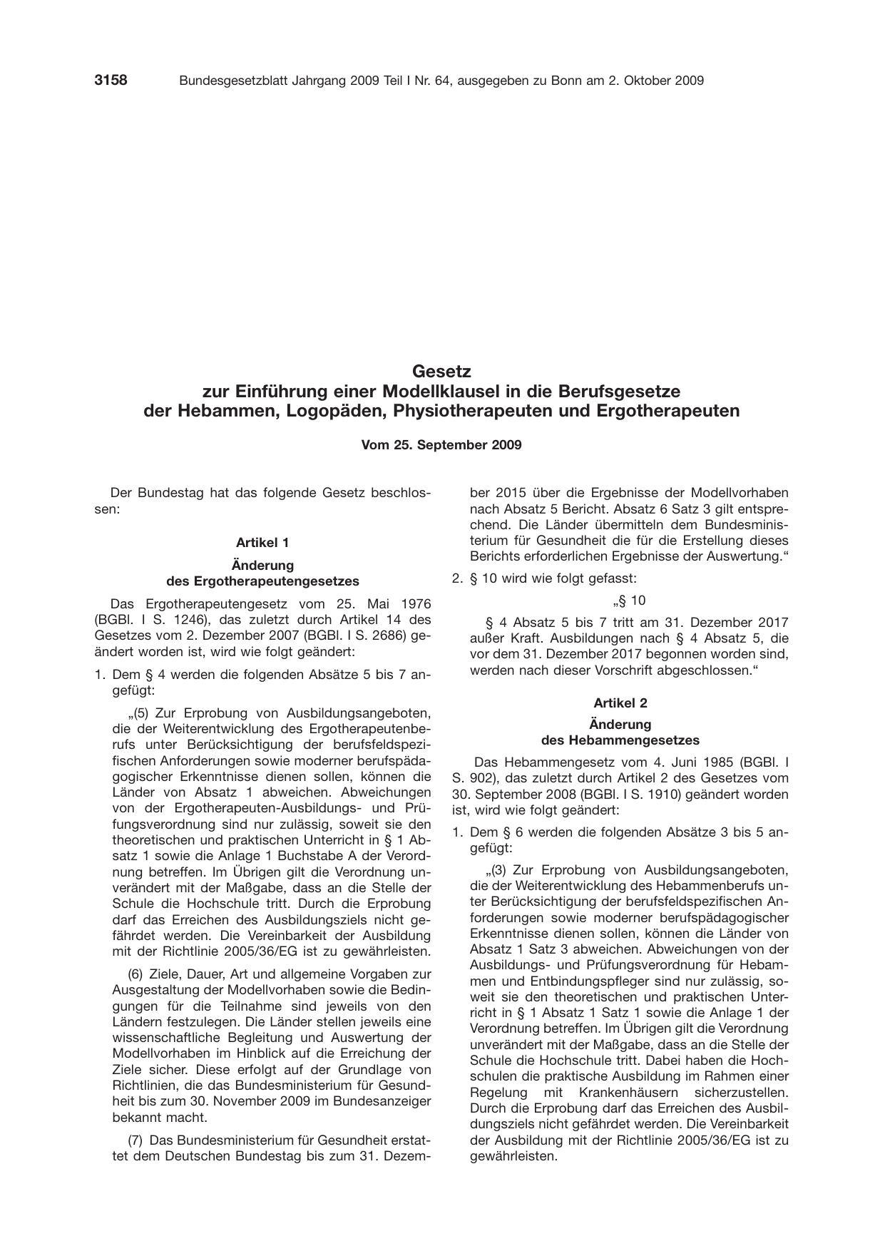 BGBl. 2009, Seite 3158 — Originalseite als Abbildung