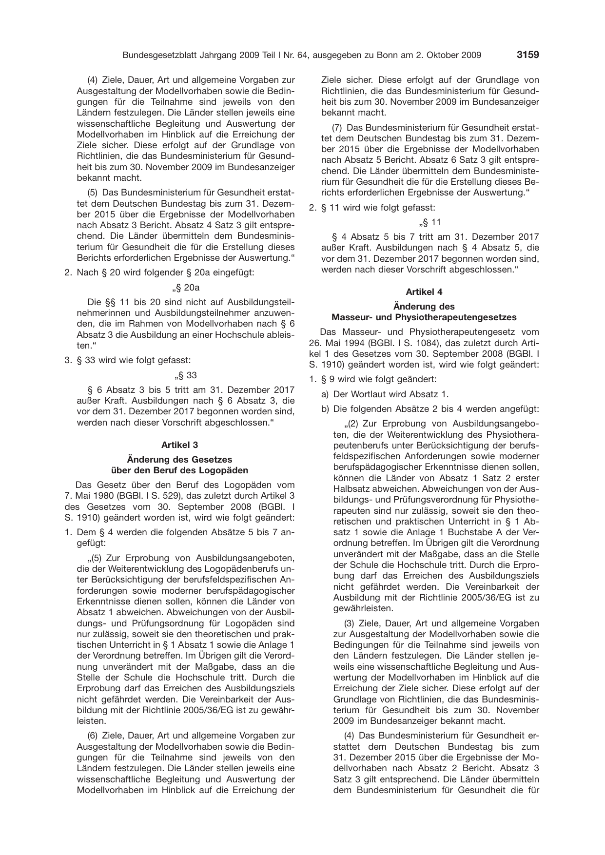 BGBl. 2009, Seite 3159 — Originalseite als Abbildung