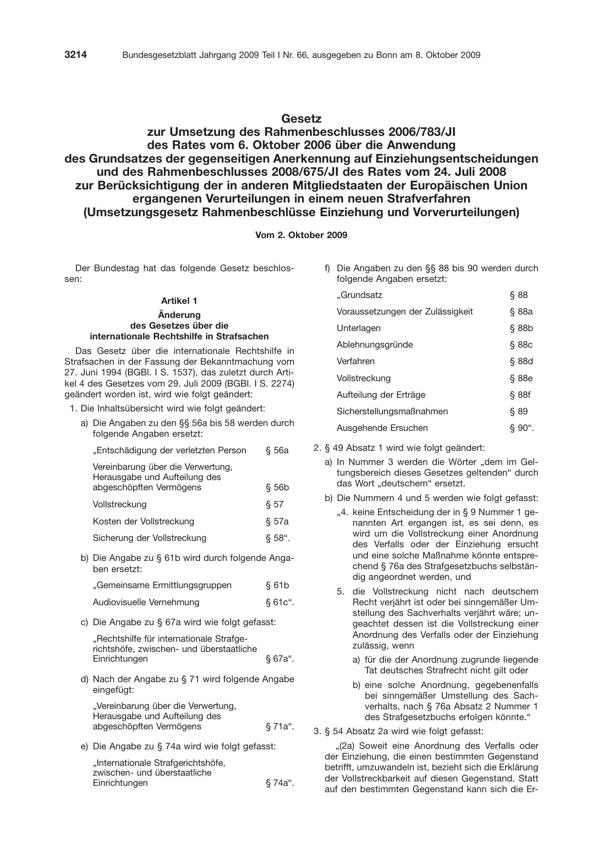 BGBl. 2009, Seite 3214 — Originalseite als Abbildung
