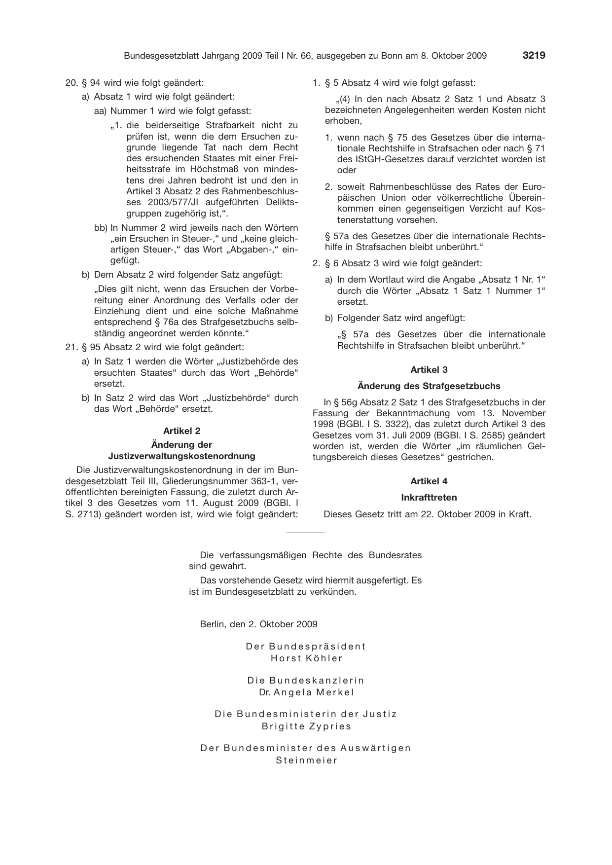 BGBl. 2009, Seite 3219 — Originalseite als Abbildung