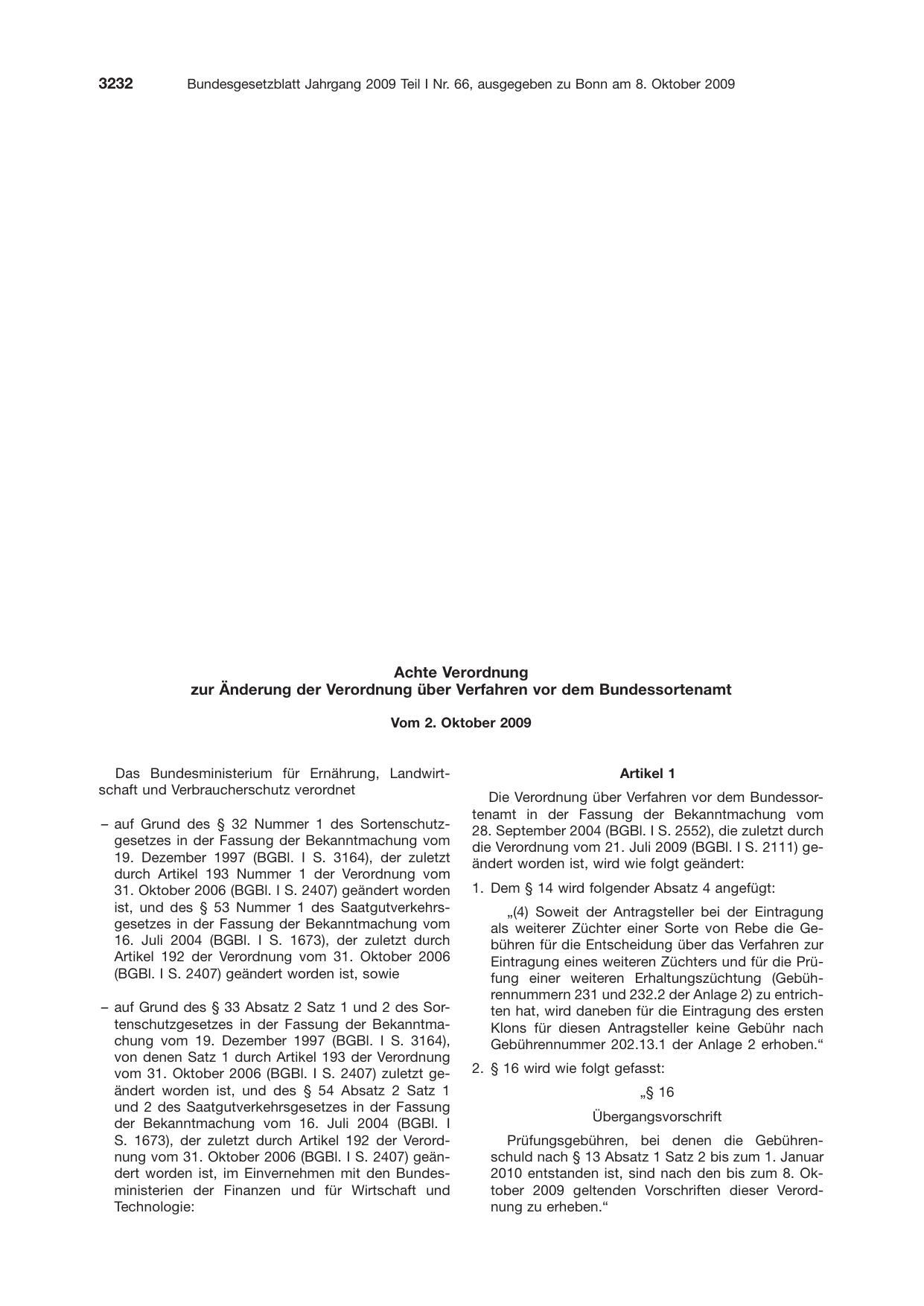 BGBl. 2009, Seite 3232 — Originalseite als Abbildung
