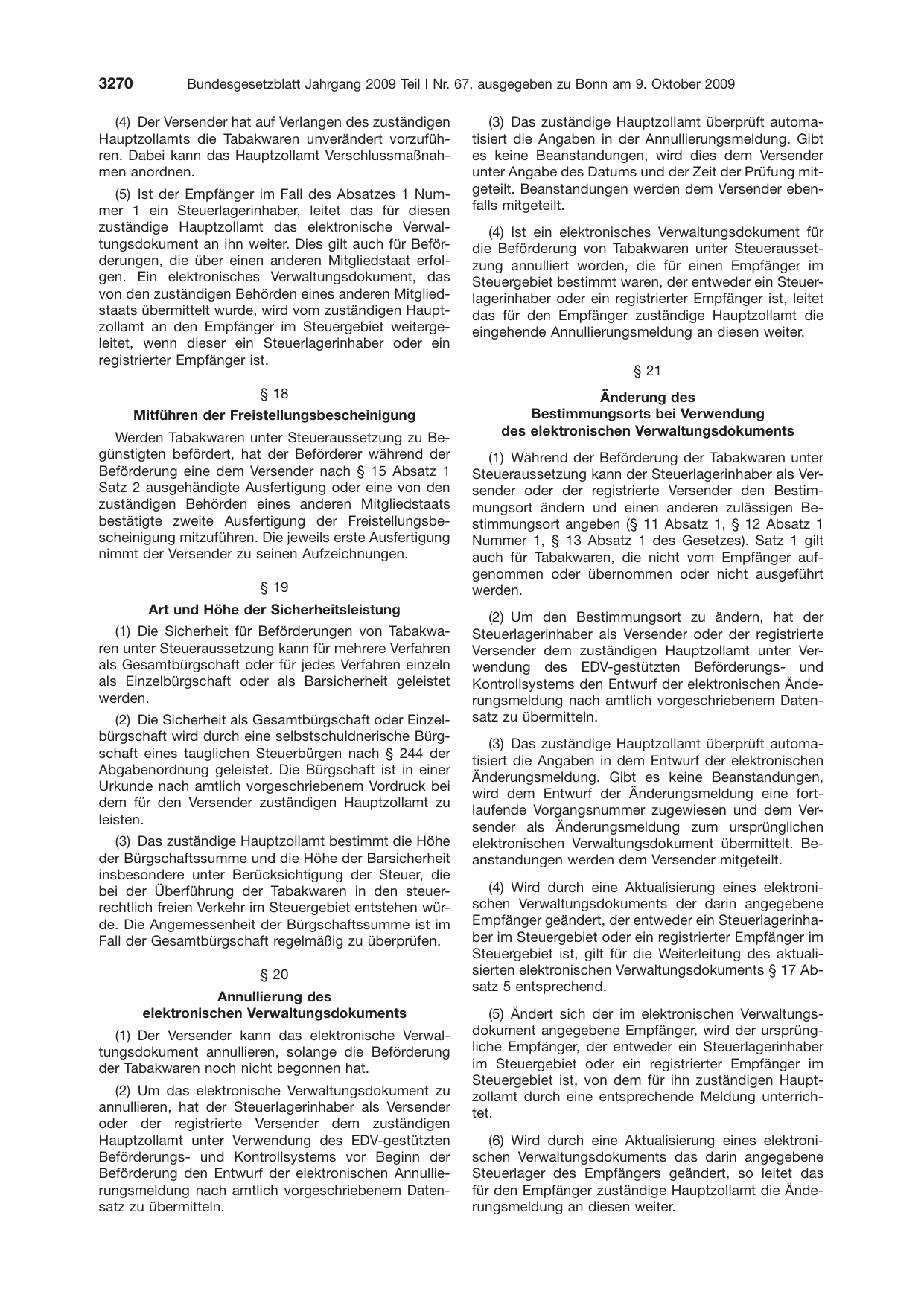 BGBl. 2009, Seite 3270 — Originalseite als Abbildung