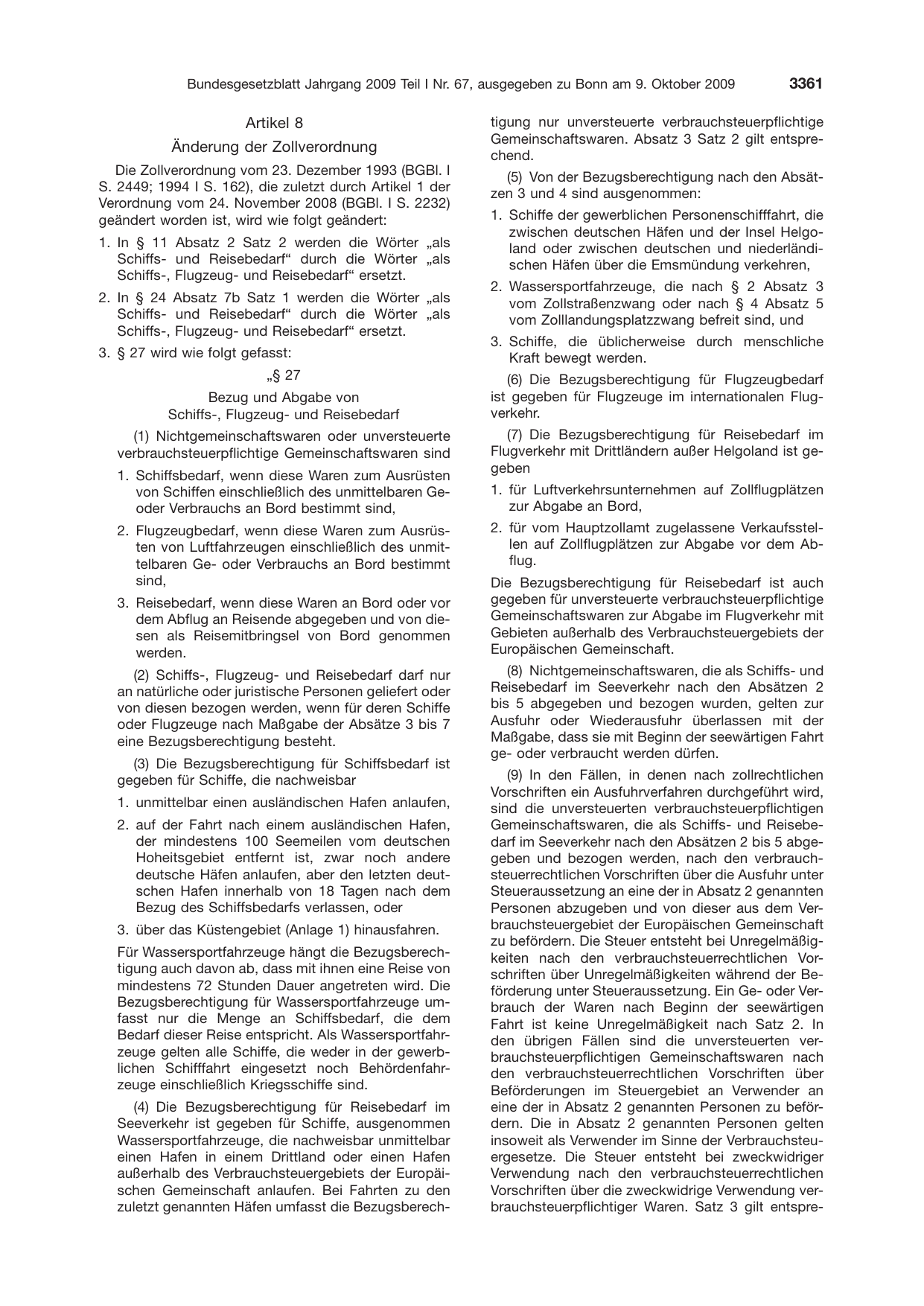 BGBl. 2009, Seite 3361 — Originalseite als Abbildung