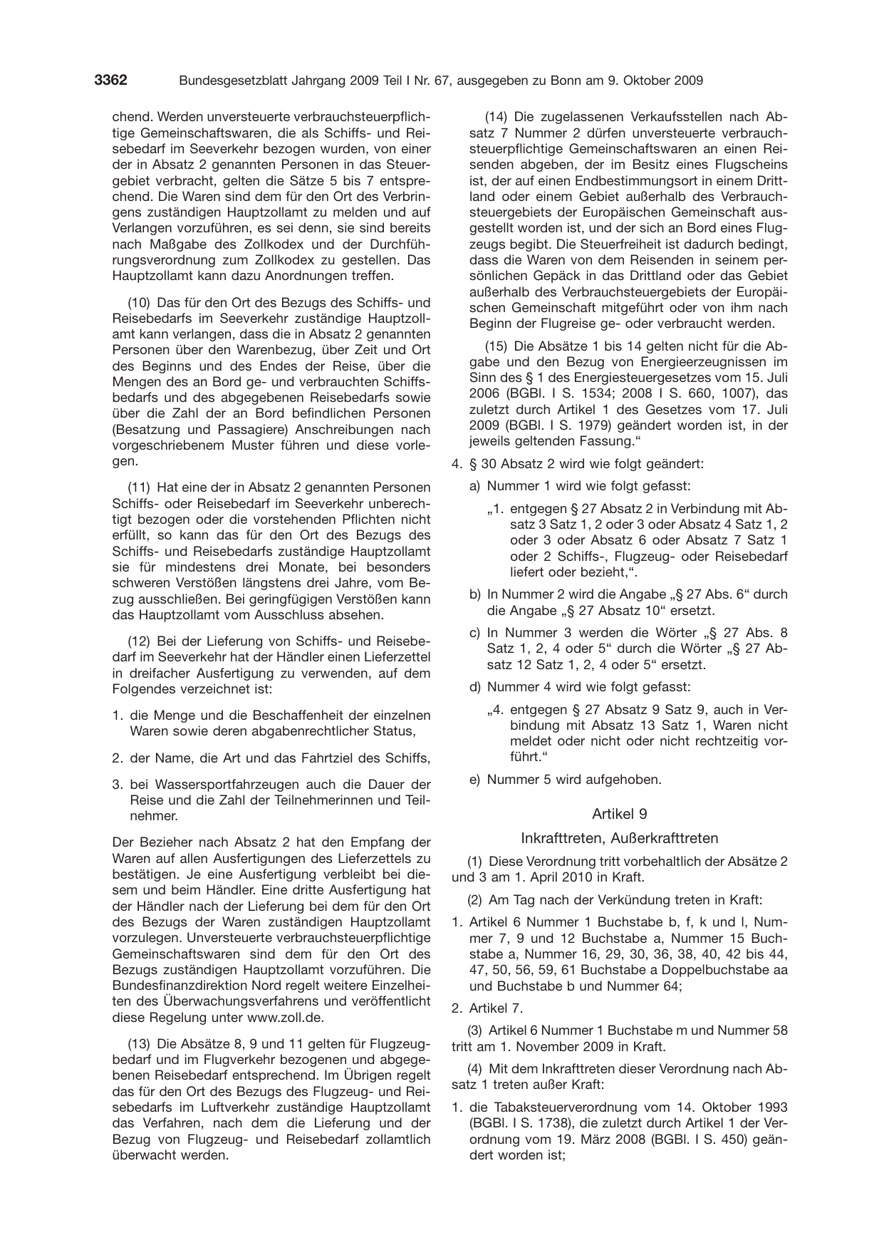 BGBl. 2009, Seite 3362 — Originalseite als Abbildung