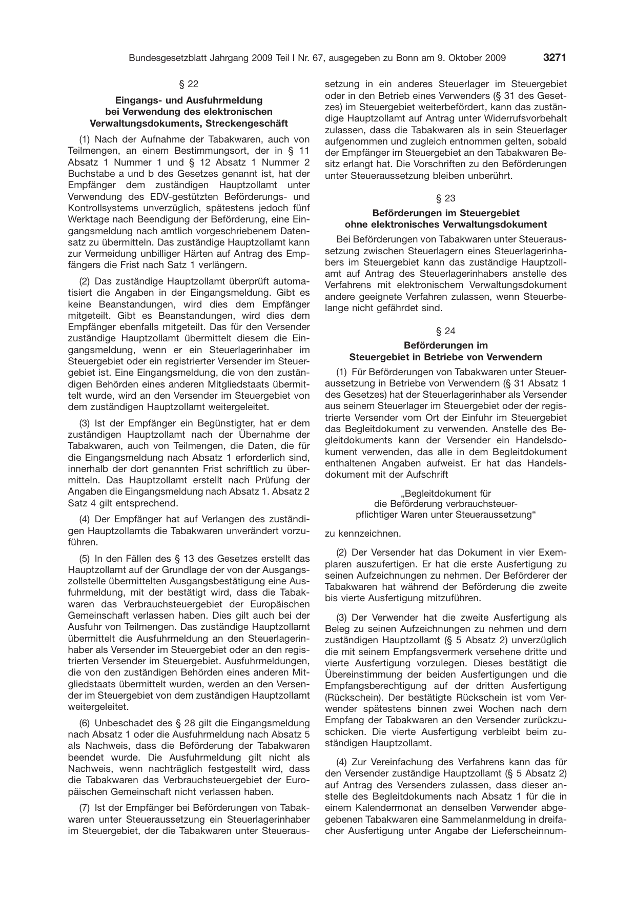 BGBl. 2009, Seite 3271 — Originalseite als Abbildung