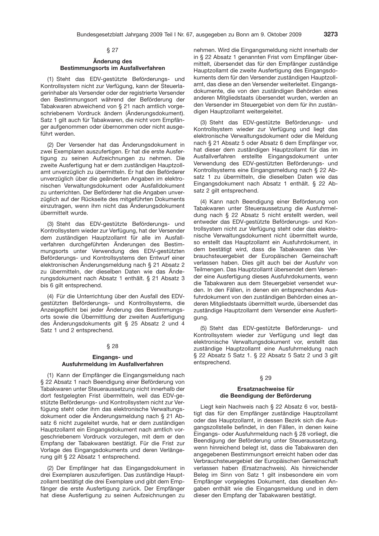 BGBl. 2009, Seite 3273 — Originalseite als Abbildung
