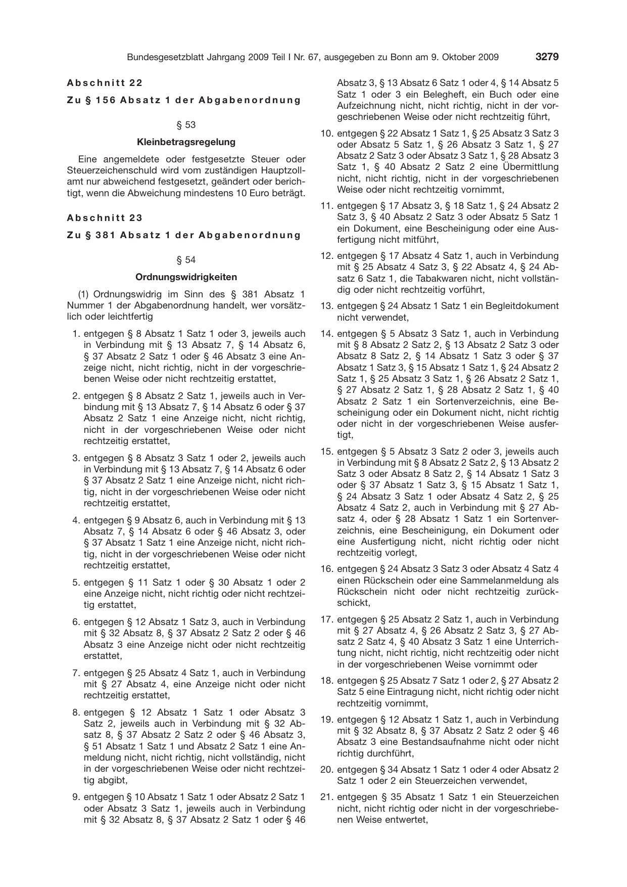 BGBl. 2009, Seite 3279 — Originalseite als Abbildung