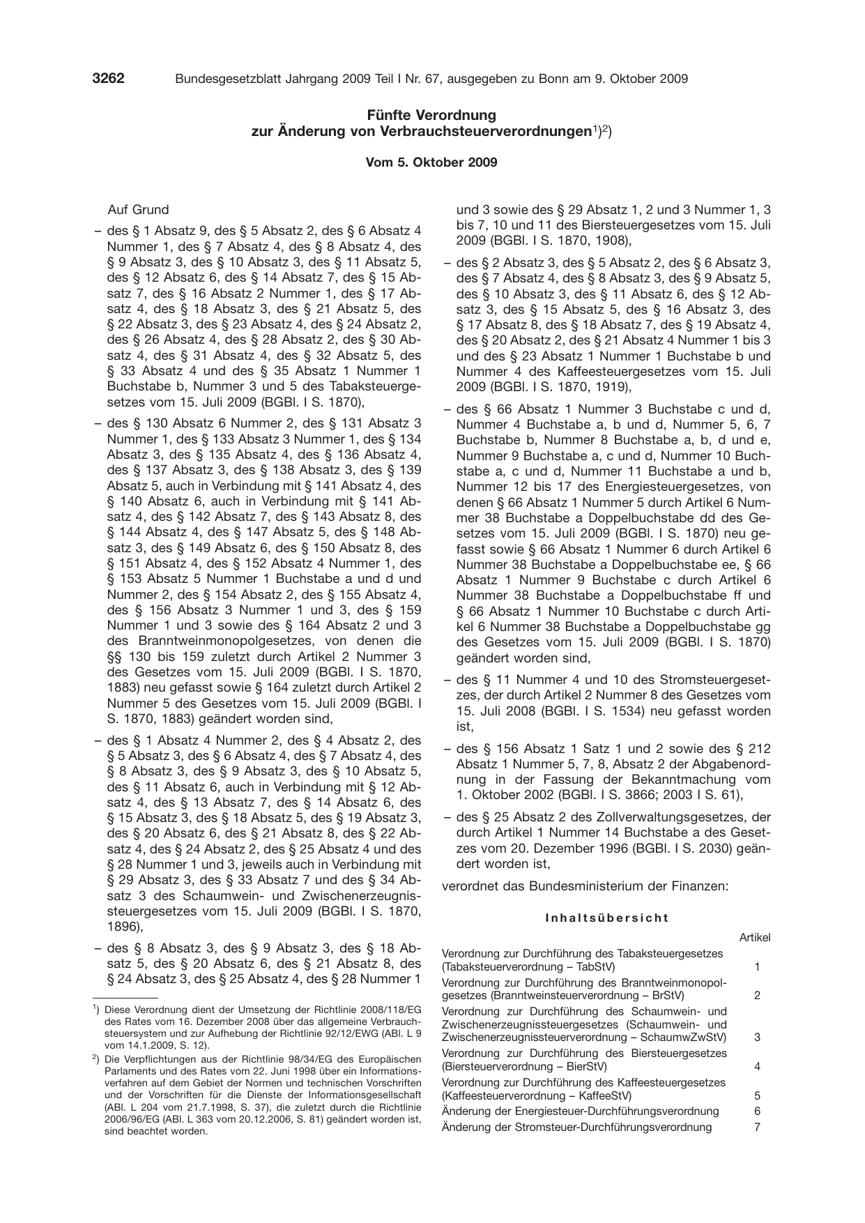 BGBl. 2009, Seite 3262 — Originalseite als Abbildung