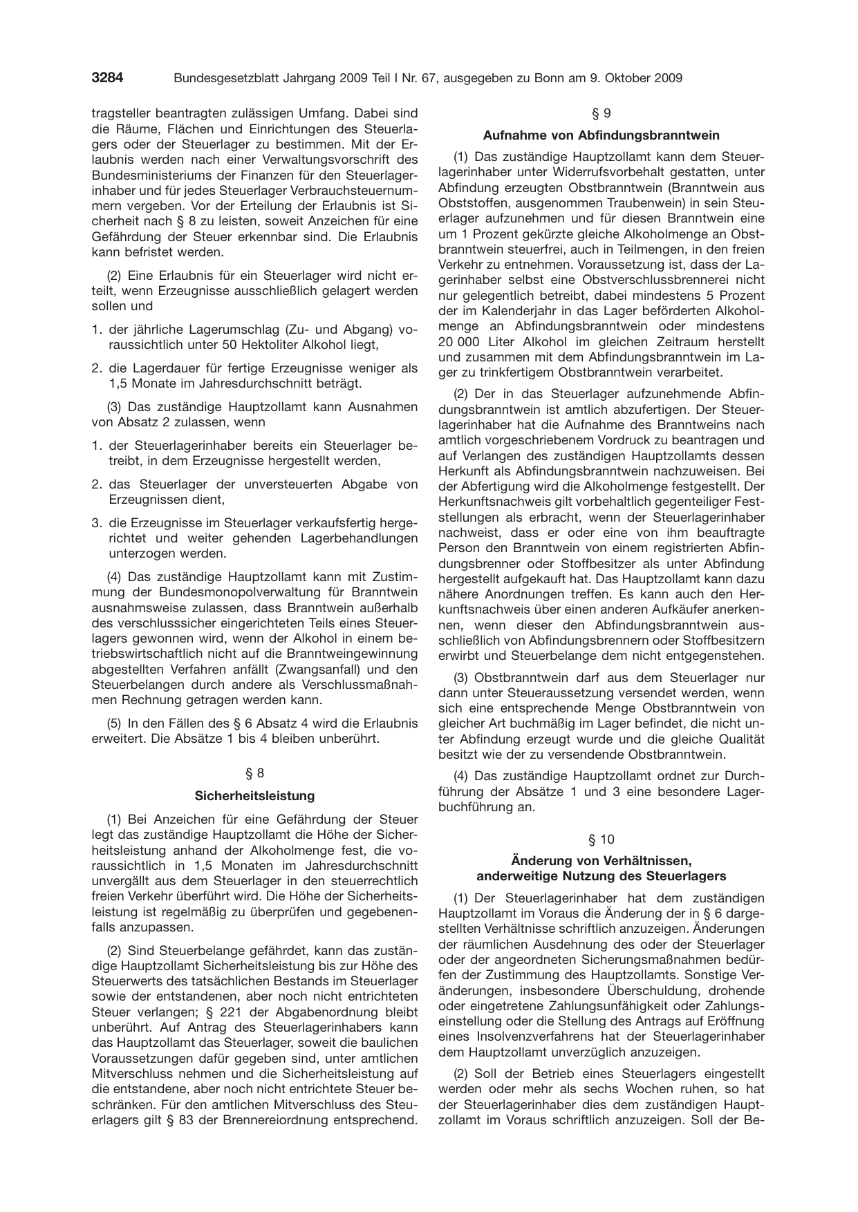 BGBl. 2009, Seite 3284 — Originalseite als Abbildung
