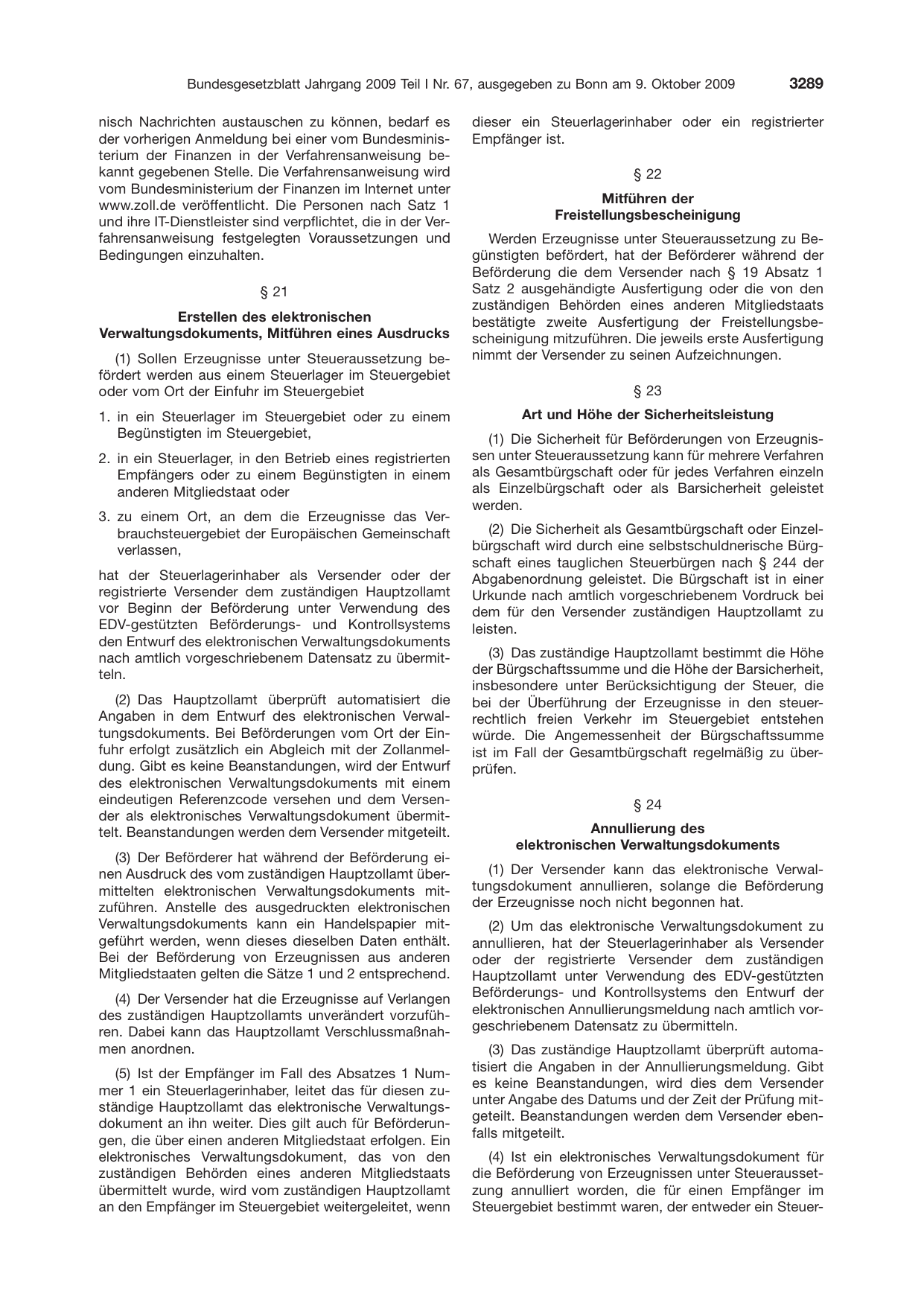 BGBl. 2009, Seite 3289 — Originalseite als Abbildung