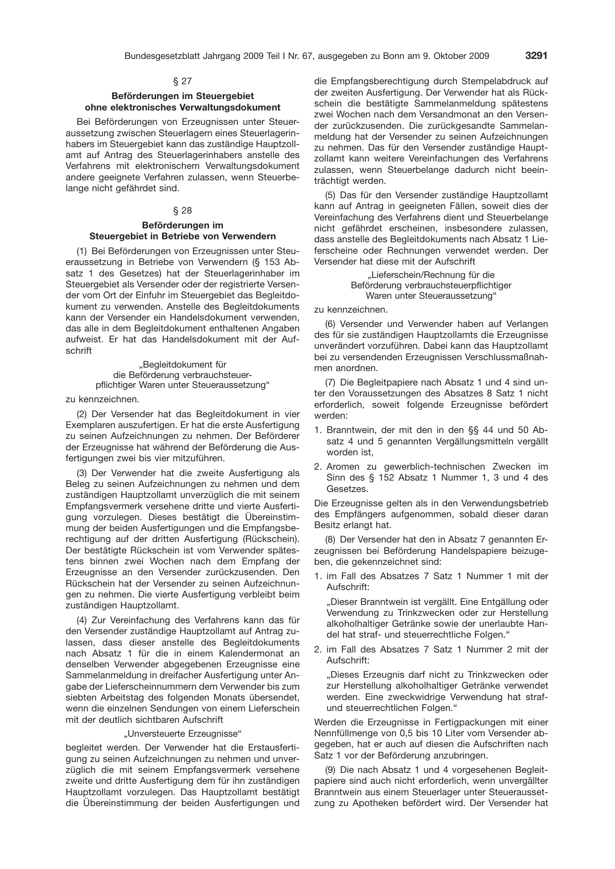 BGBl. 2009, Seite 3291 — Originalseite als Abbildung