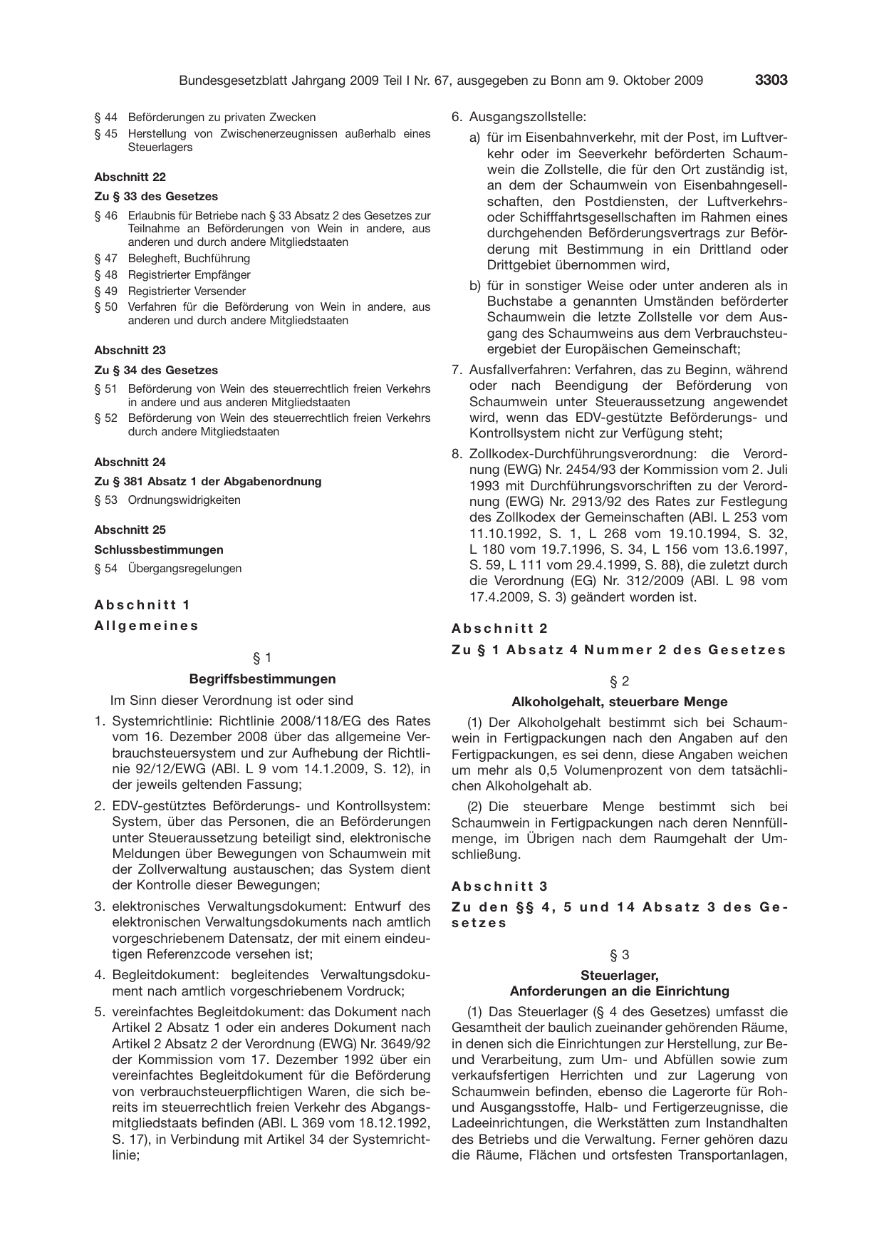 BGBl. 2009, Seite 3303 — Originalseite als Abbildung