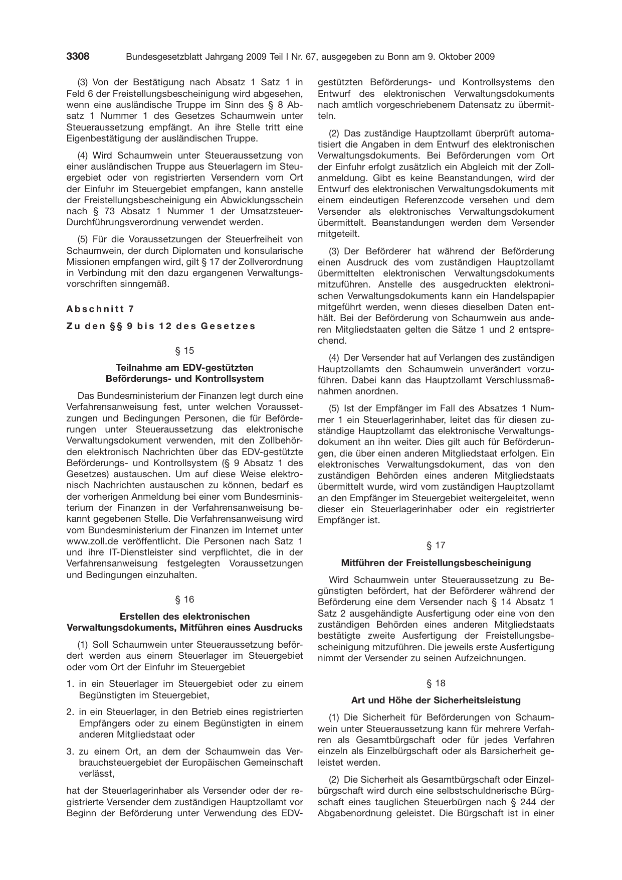 BGBl. 2009, Seite 3308 — Originalseite als Abbildung