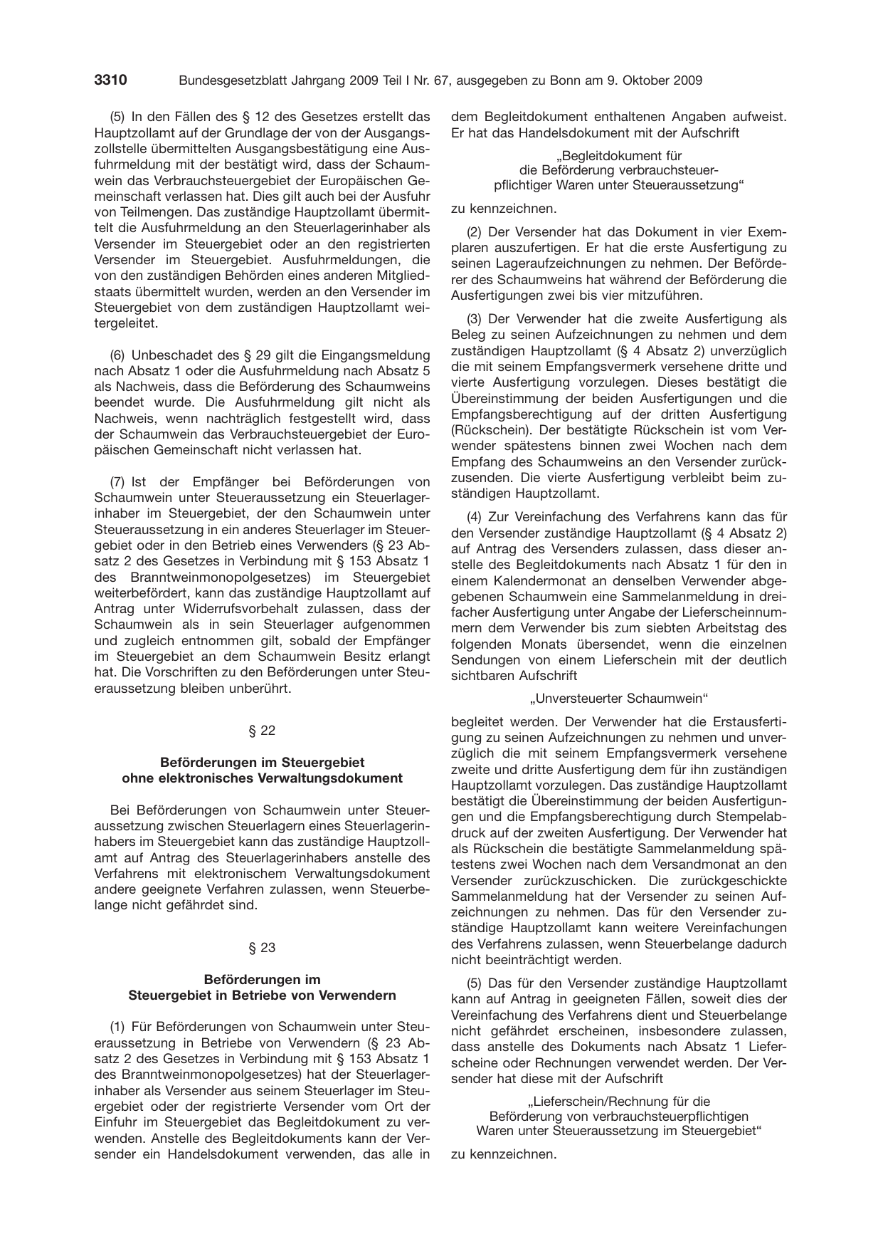 BGBl. 2009, Seite 3310 — Originalseite als Abbildung