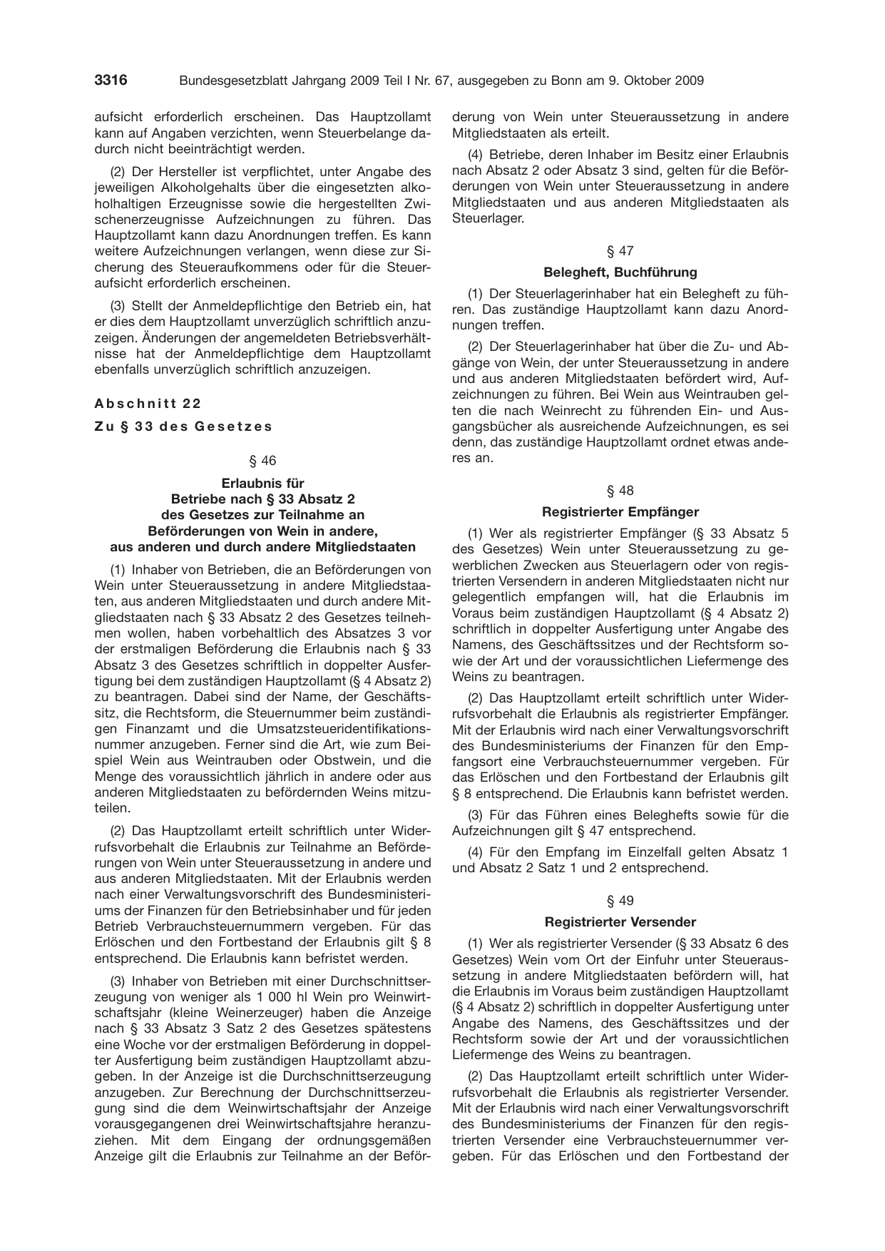 BGBl. 2009, Seite 3316 — Originalseite als Abbildung