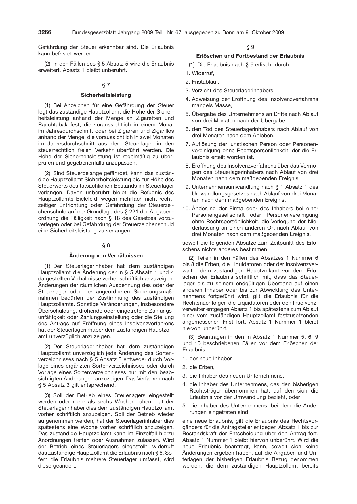 BGBl. 2009, Seite 3266 — Originalseite als Abbildung