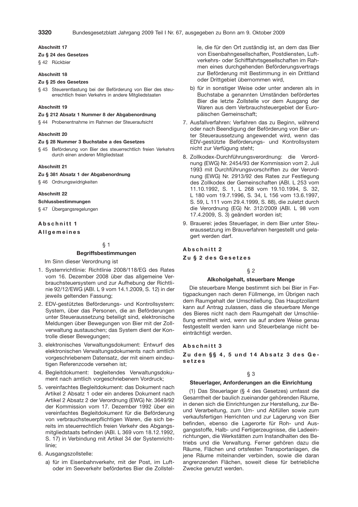 BGBl. 2009, Seite 3320 — Originalseite als Abbildung
