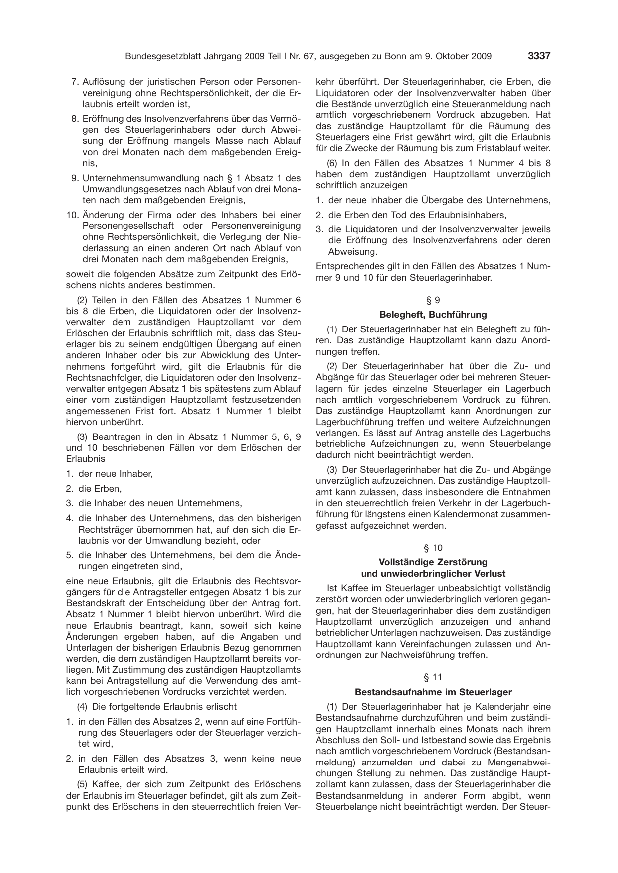 BGBl. 2009, Seite 3337 — Originalseite als Abbildung