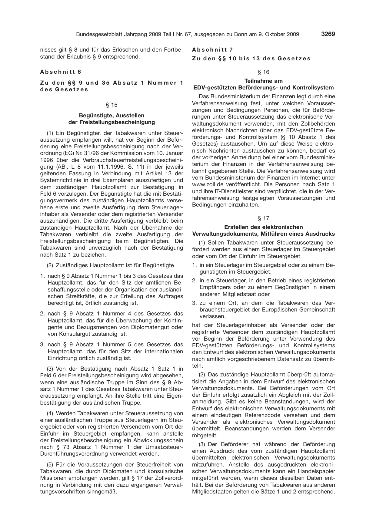 BGBl. 2009, Seite 3269 — Originalseite als Abbildung