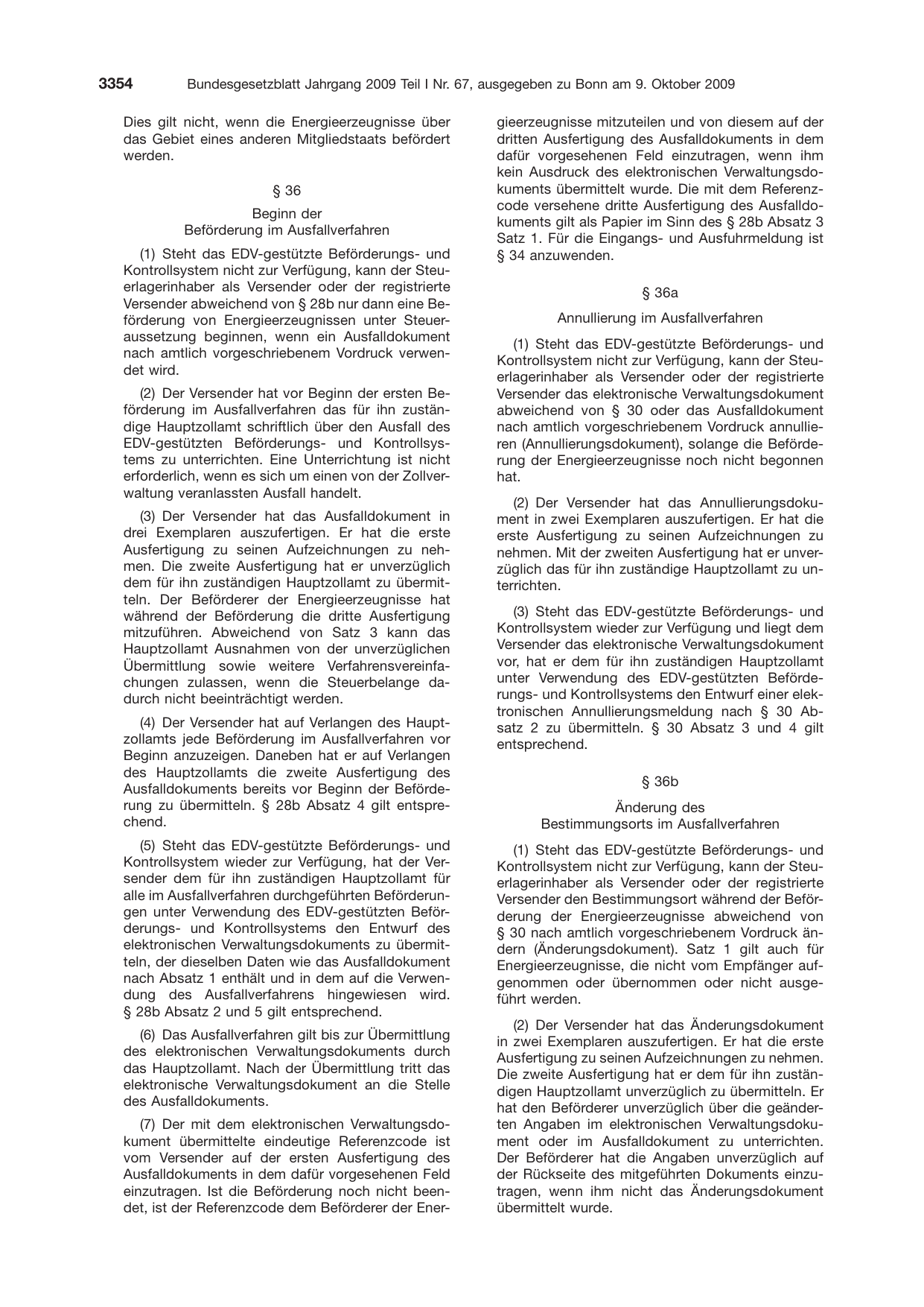 BGBl. 2009, Seite 3354 — Originalseite als Abbildung