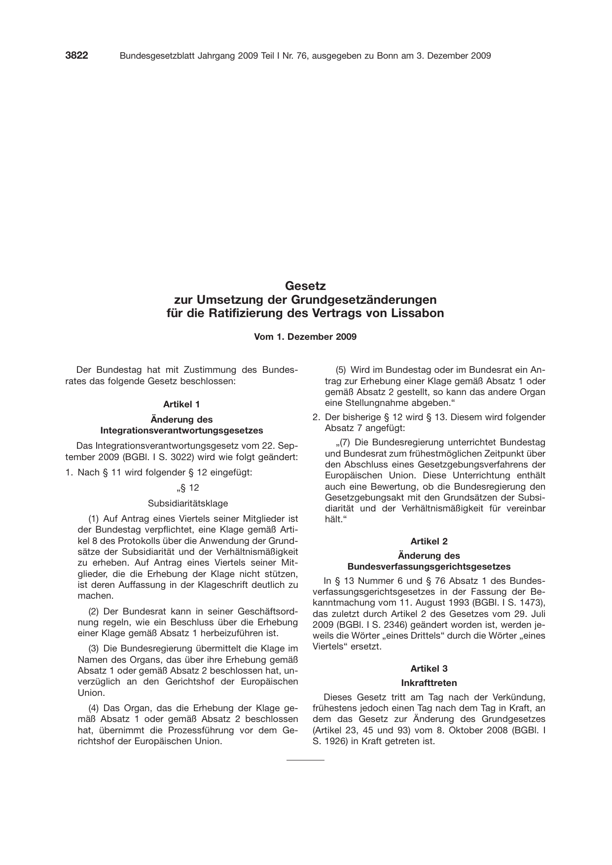BGBl. 2009, Seite 3822 — Originalseite als Abbildung