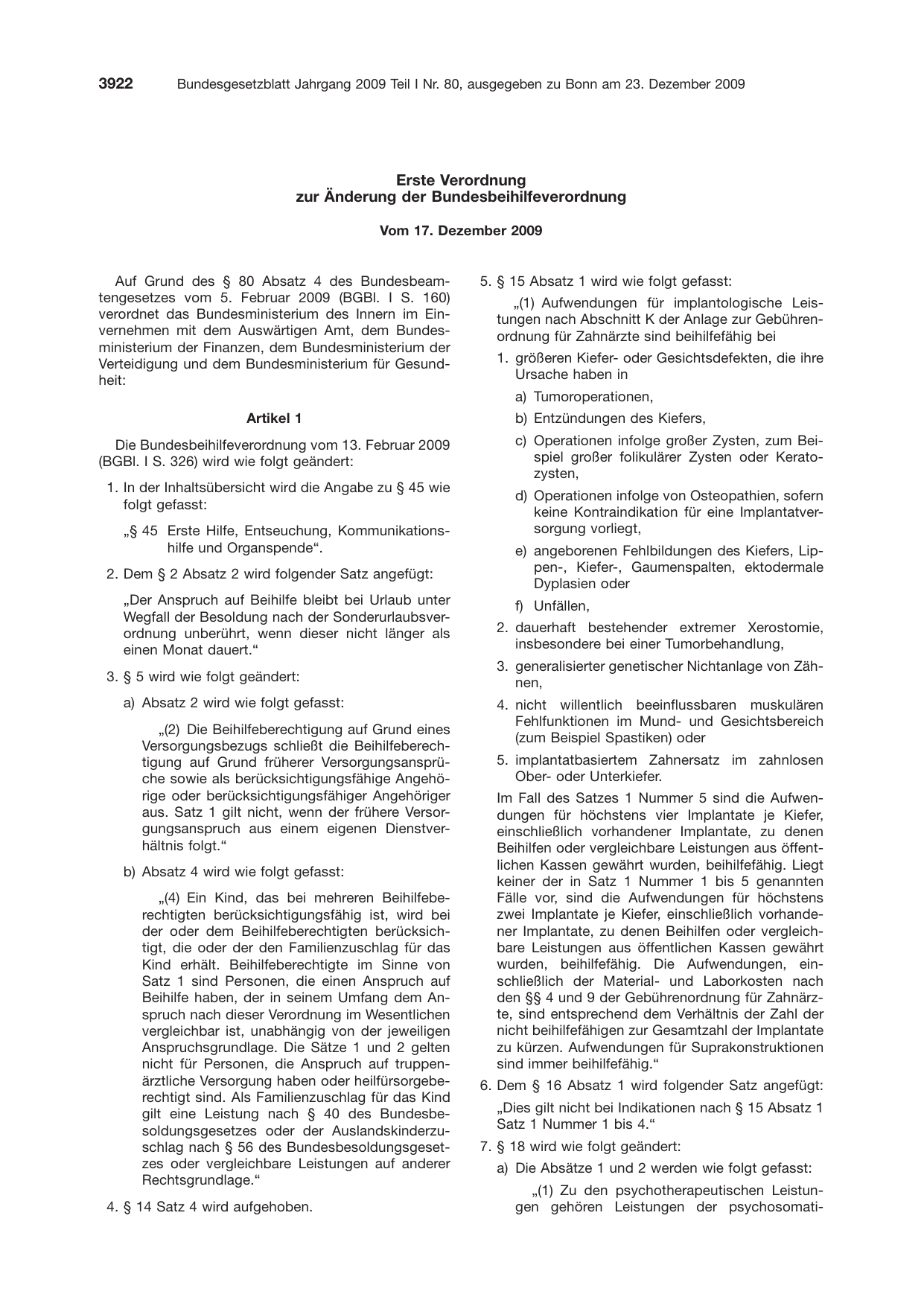 BGBl. 2009, Seite 3922 — Originalseite als Abbildung