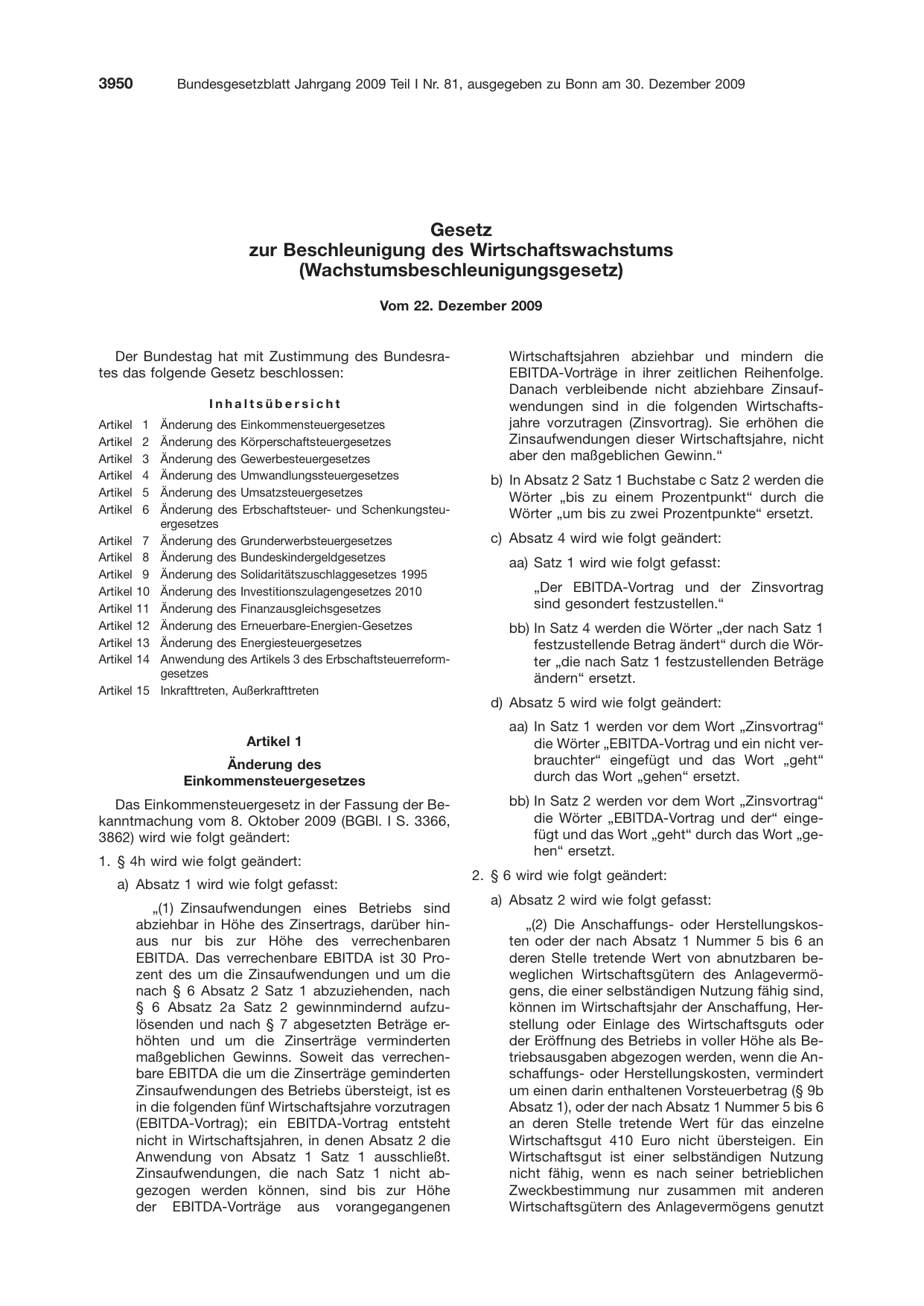 BGBl. 2009, Seite 3950 — Originalseite als Abbildung