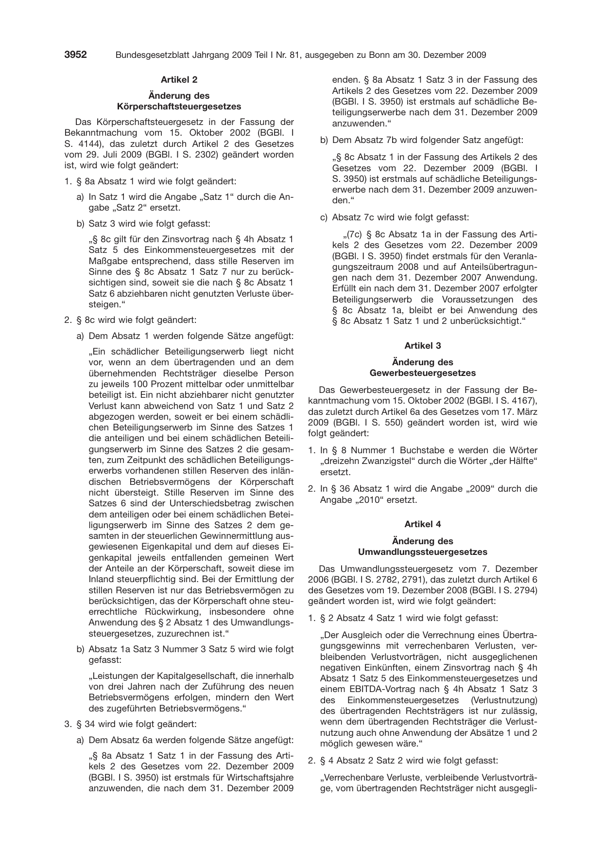BGBl. 2009, Seite 3952 — Originalseite als Abbildung