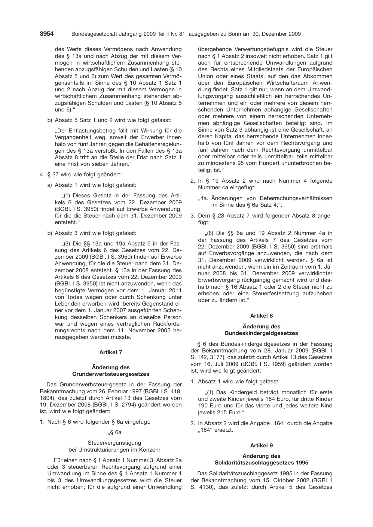 BGBl. 2009, Seite 3954 — Originalseite als Abbildung