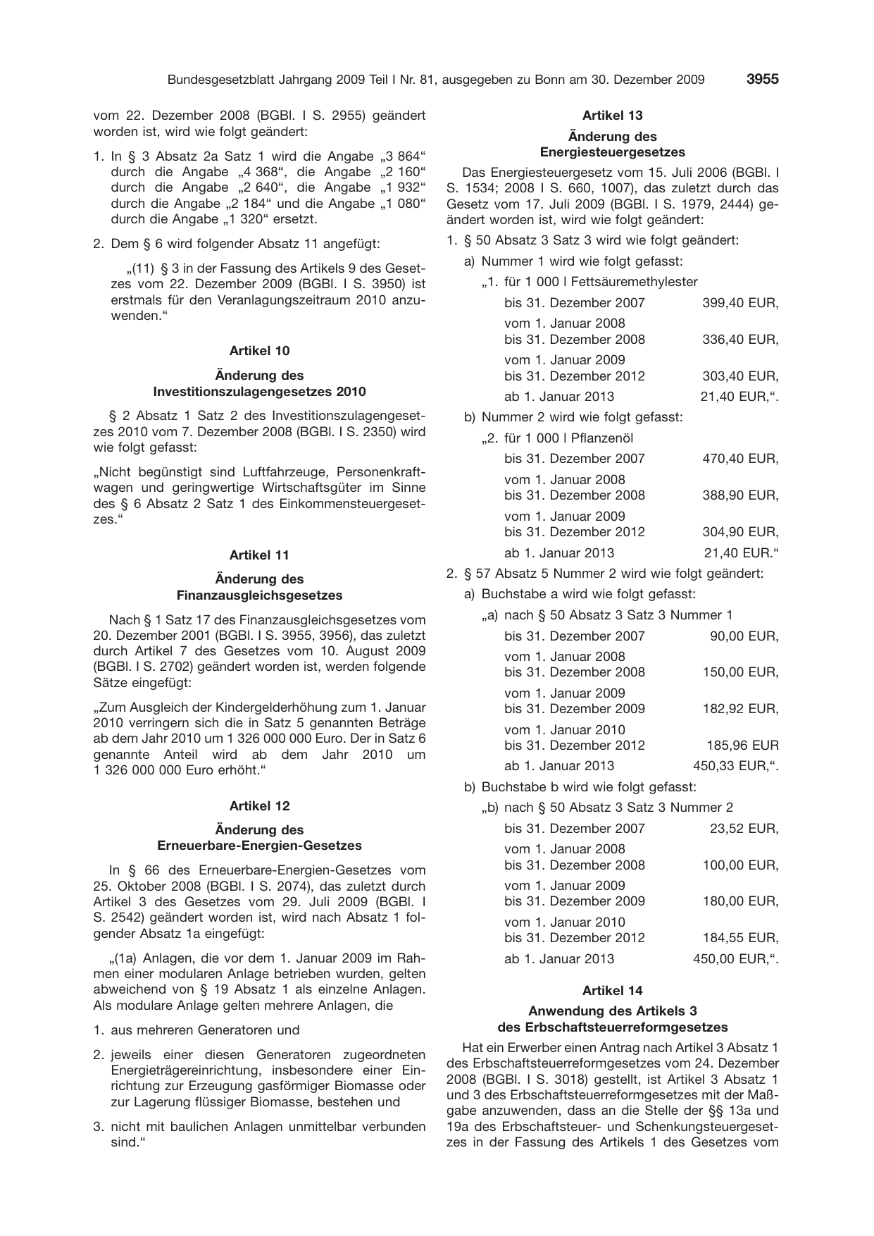 BGBl. 2009, Seite 3955 — Originalseite als Abbildung