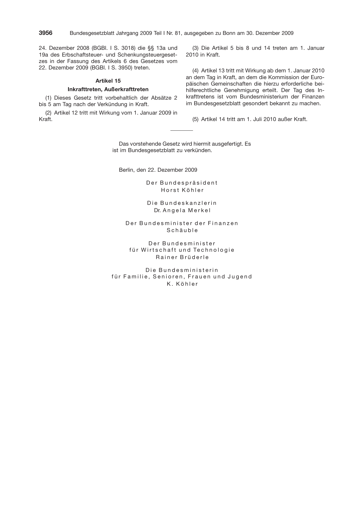 BGBl. 2009, Seite 3956 — Originalseite als Abbildung