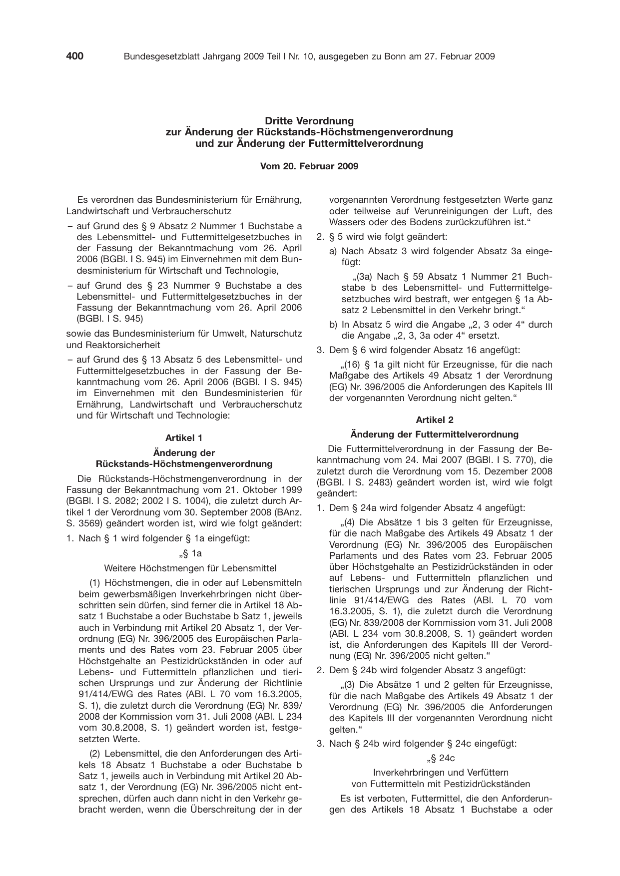 BGBl. 2009, Seite 400 — Originalseite als Abbildung