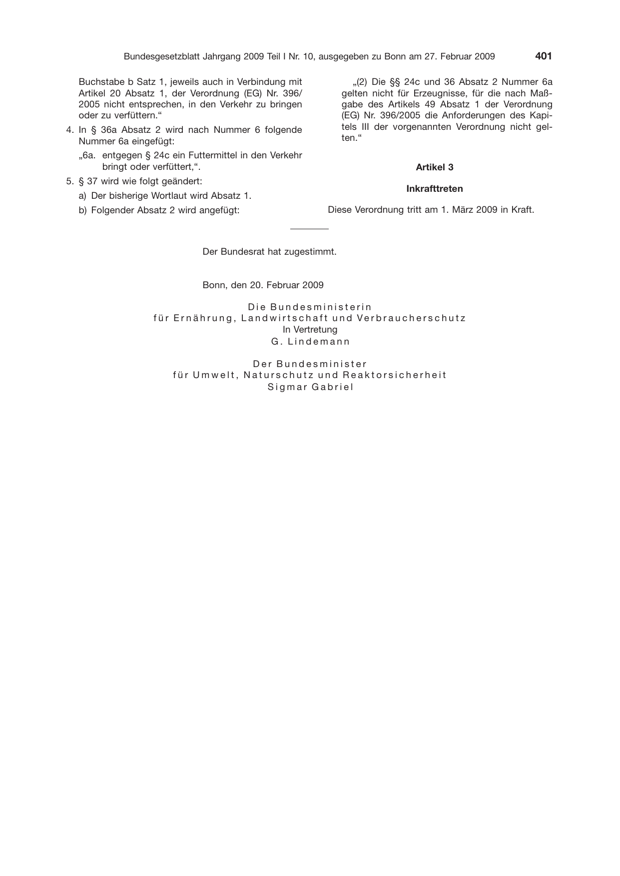 BGBl. 2009, Seite 401 — Originalseite als Abbildung