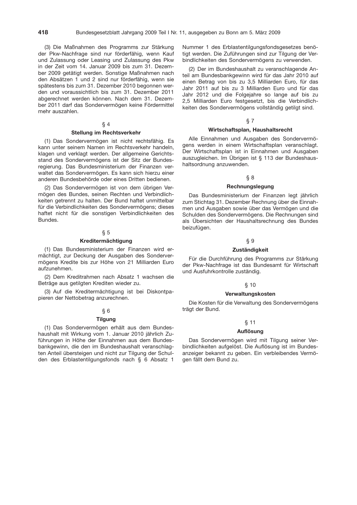 BGBl. 2009, Seite 418 — Originalseite als Abbildung