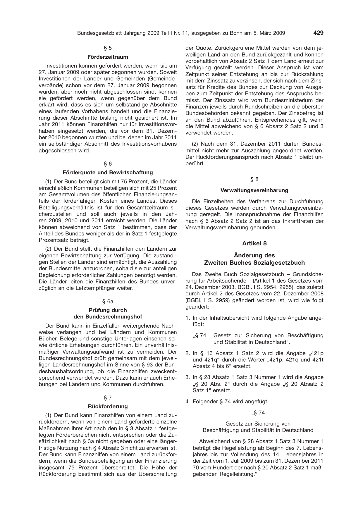 BGBl. 2009, Seite 429 — Originalseite als Abbildung