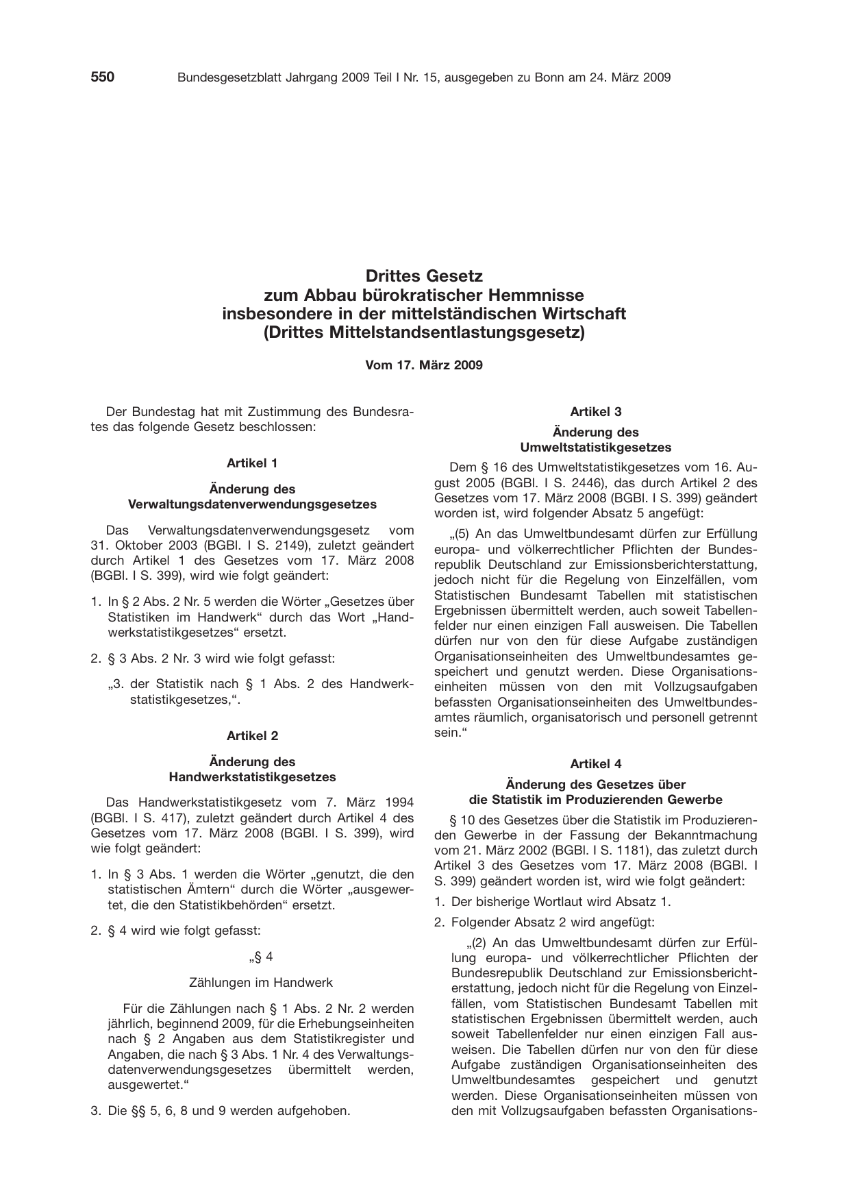 BGBl. 2009, Seite 550 — Originalseite als Abbildung