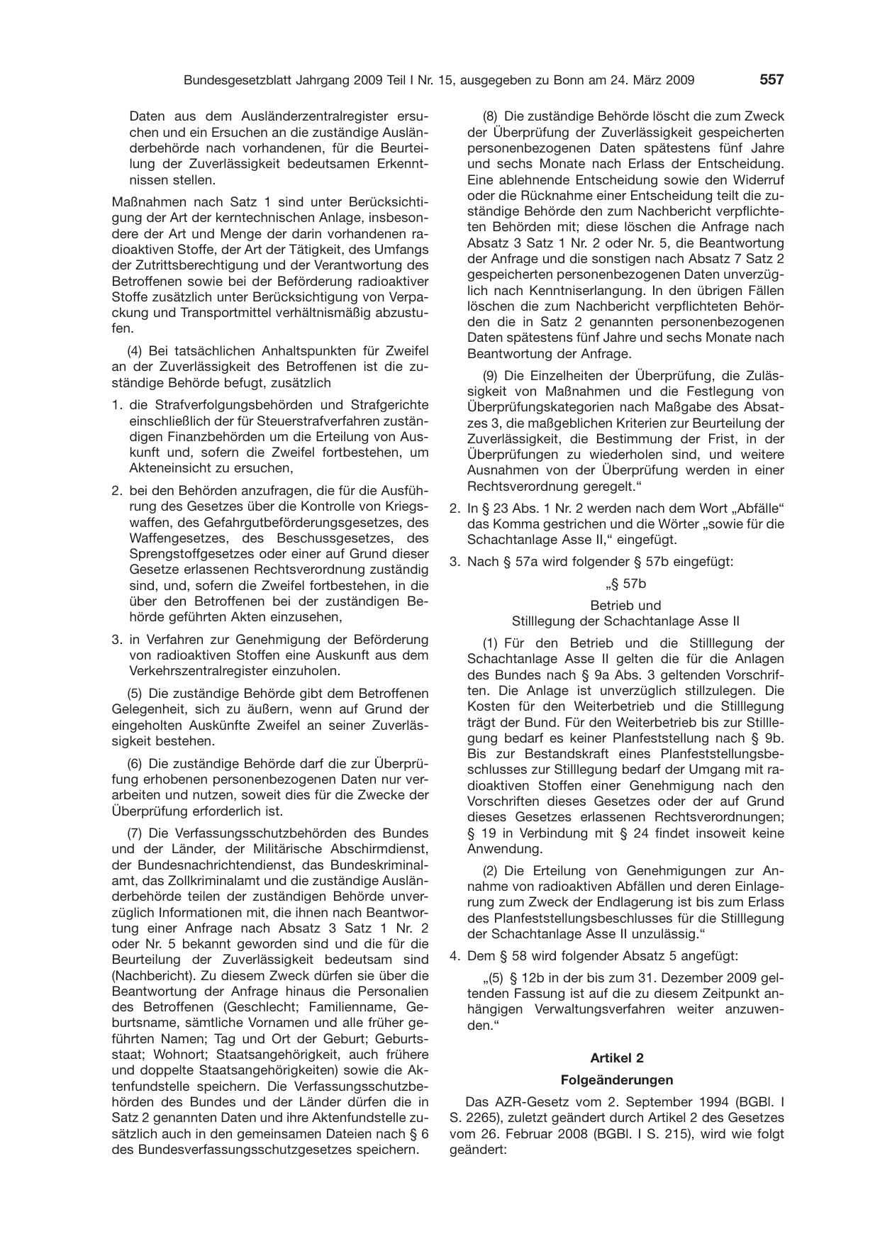 BGBl. 2009, Seite 557 — Originalseite als Abbildung