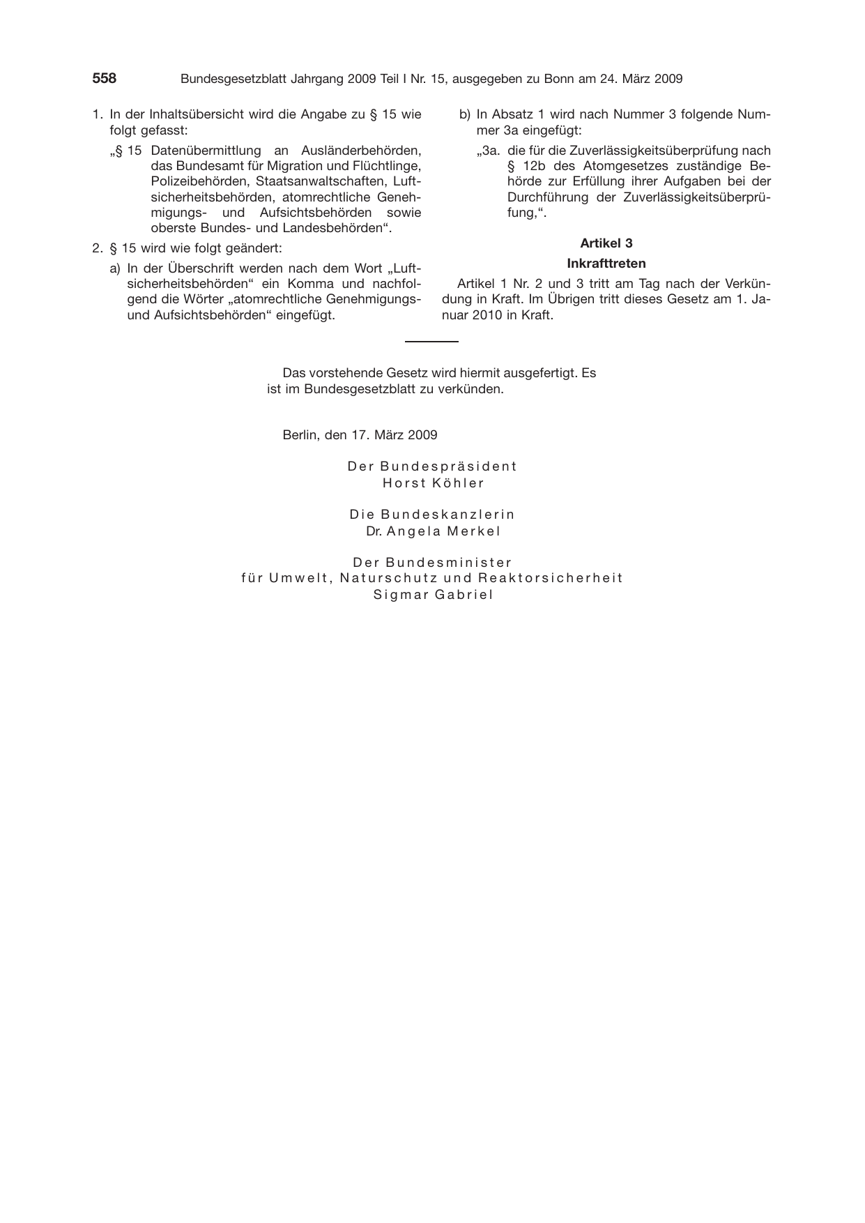 BGBl. 2009, Seite 558 — Originalseite als Abbildung